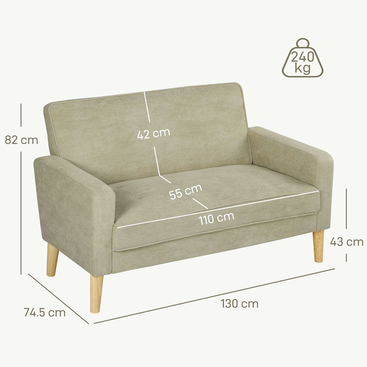 HOMCOM Two Seater Velvet Feel Sofa Beige With Wooden Legs Anti Slip Foot Pads And S Springs