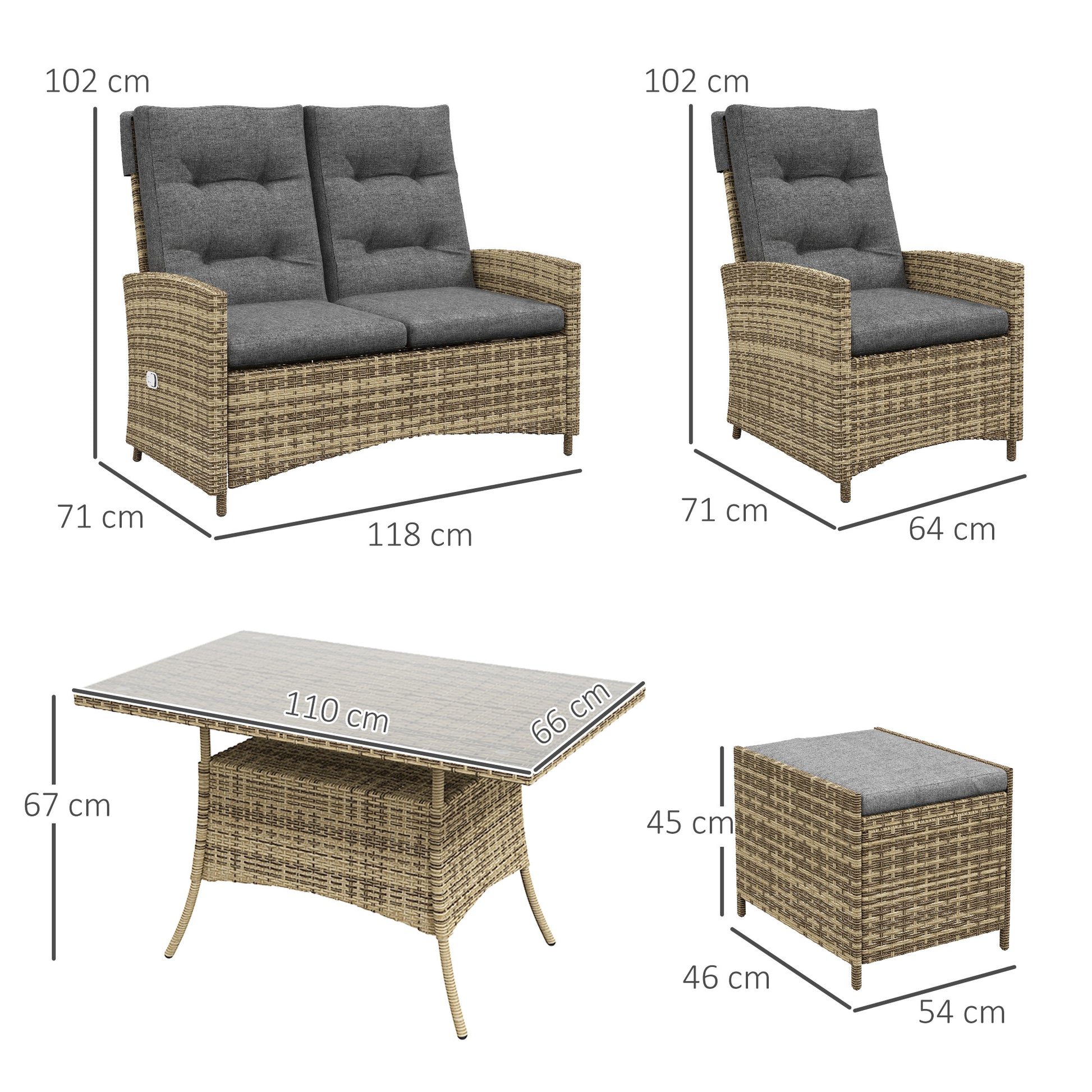 Outsunny Grey Rattan Outdoor Lounge Set with Reclining Chairs and Glass-Top Table - ALL4U RETAILER LTD