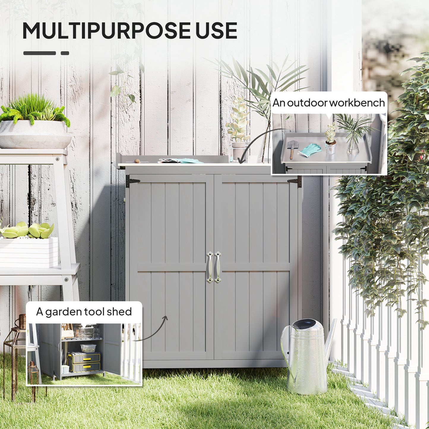 Outsunny Wooden Garden Shed With Hinged Roof And Shelf Outdoor Garden Tool Storage Cabinet With Double Doors Grey