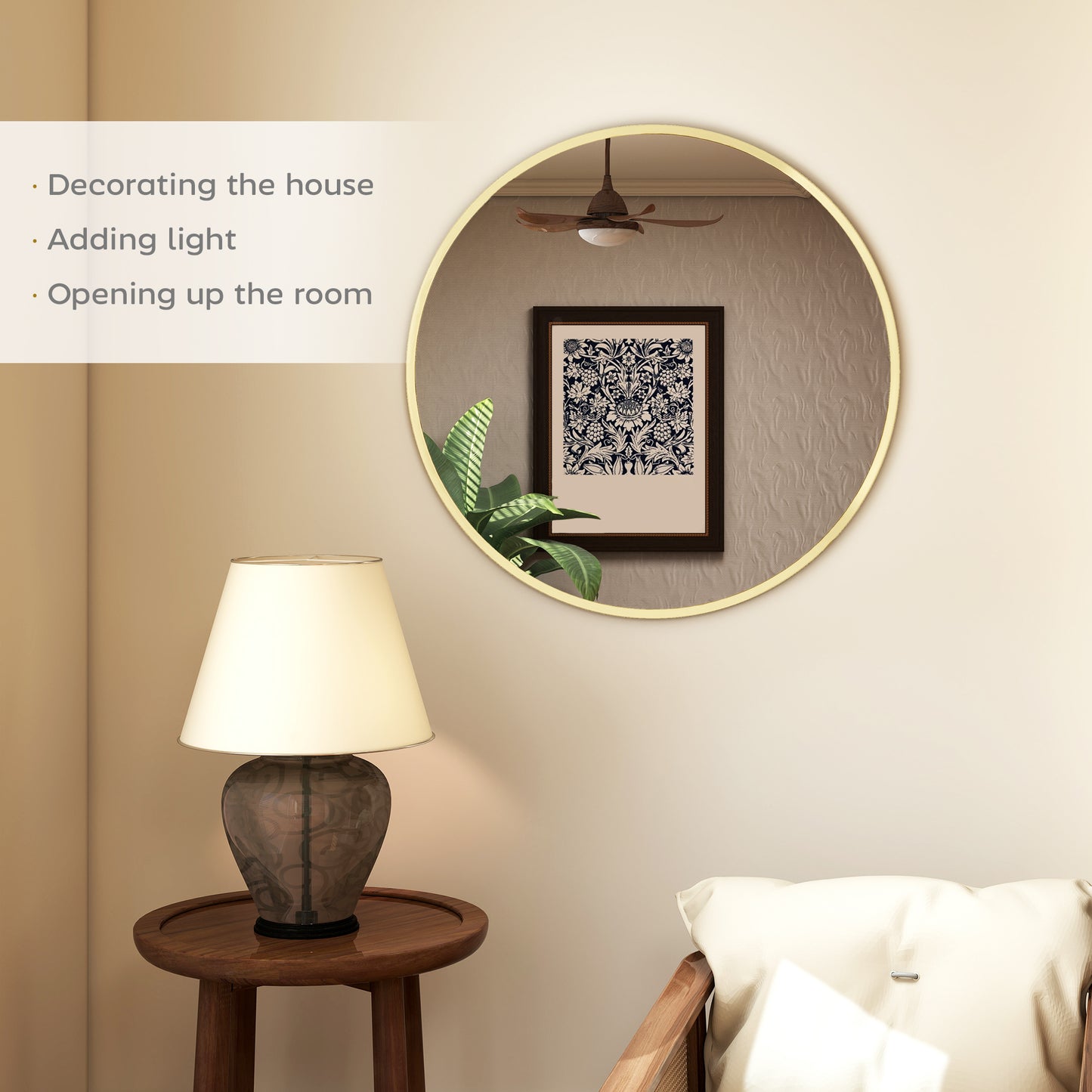 HOMCOM 61cm Decorative Round Wall Mirror For Bedroom Living Room Gold Tone Bathroom Mirror For Home Decor