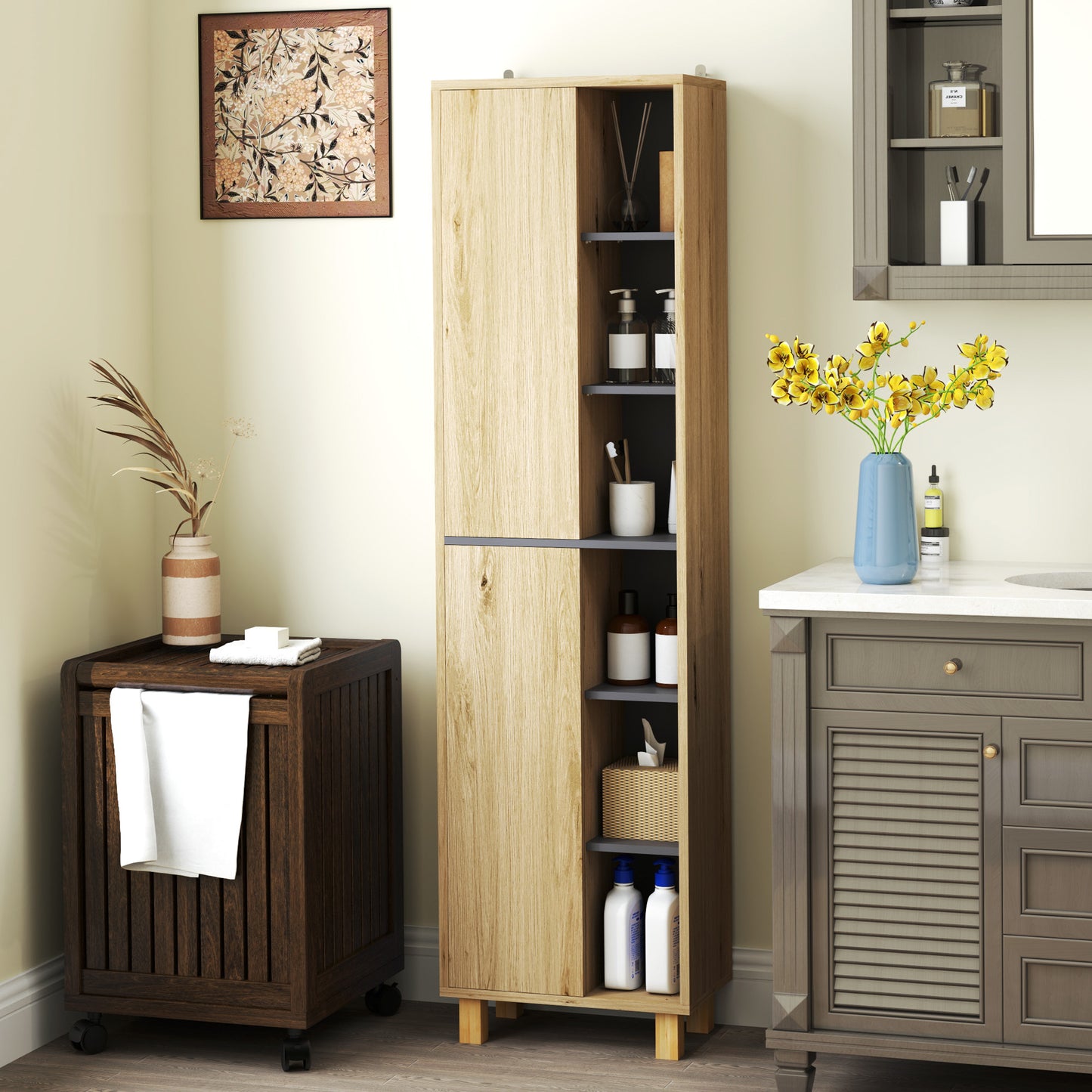 HOMCOM Slim Bathroom Cabinet With Wood Effect Finish 6 Open Shelves And 2 Three Layer Cabinets Anti Tip Straps