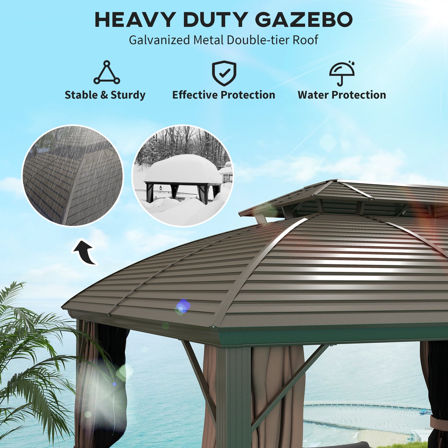 Outsunny 3.65m X 3m Hardtop Steel Gazebo Canopy With Aluminium Frame Double Roof Net Sidewalls And Curtains Coffee