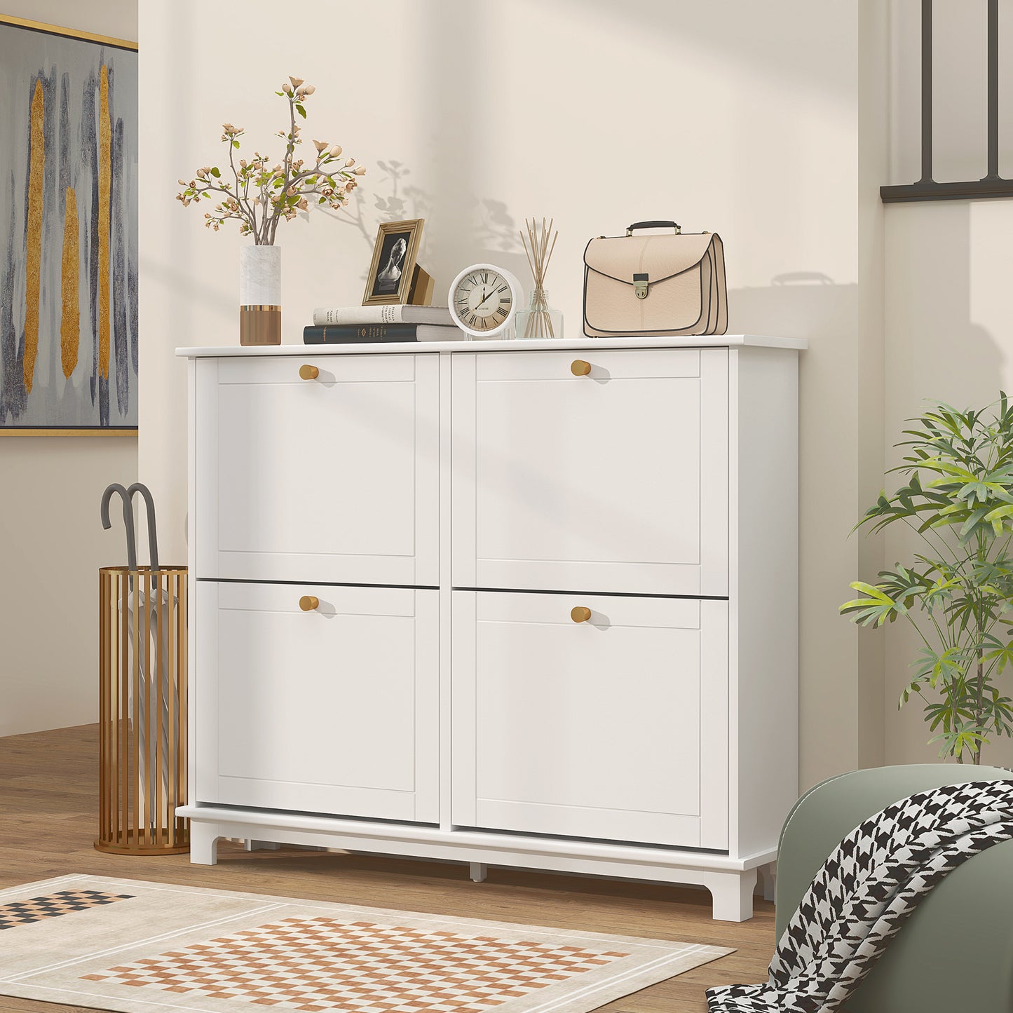 HOMCOM Narrow Shoe Storage Cabinet With 4 Flip Drawers And Adjustable Shelves For 16 Pairs White