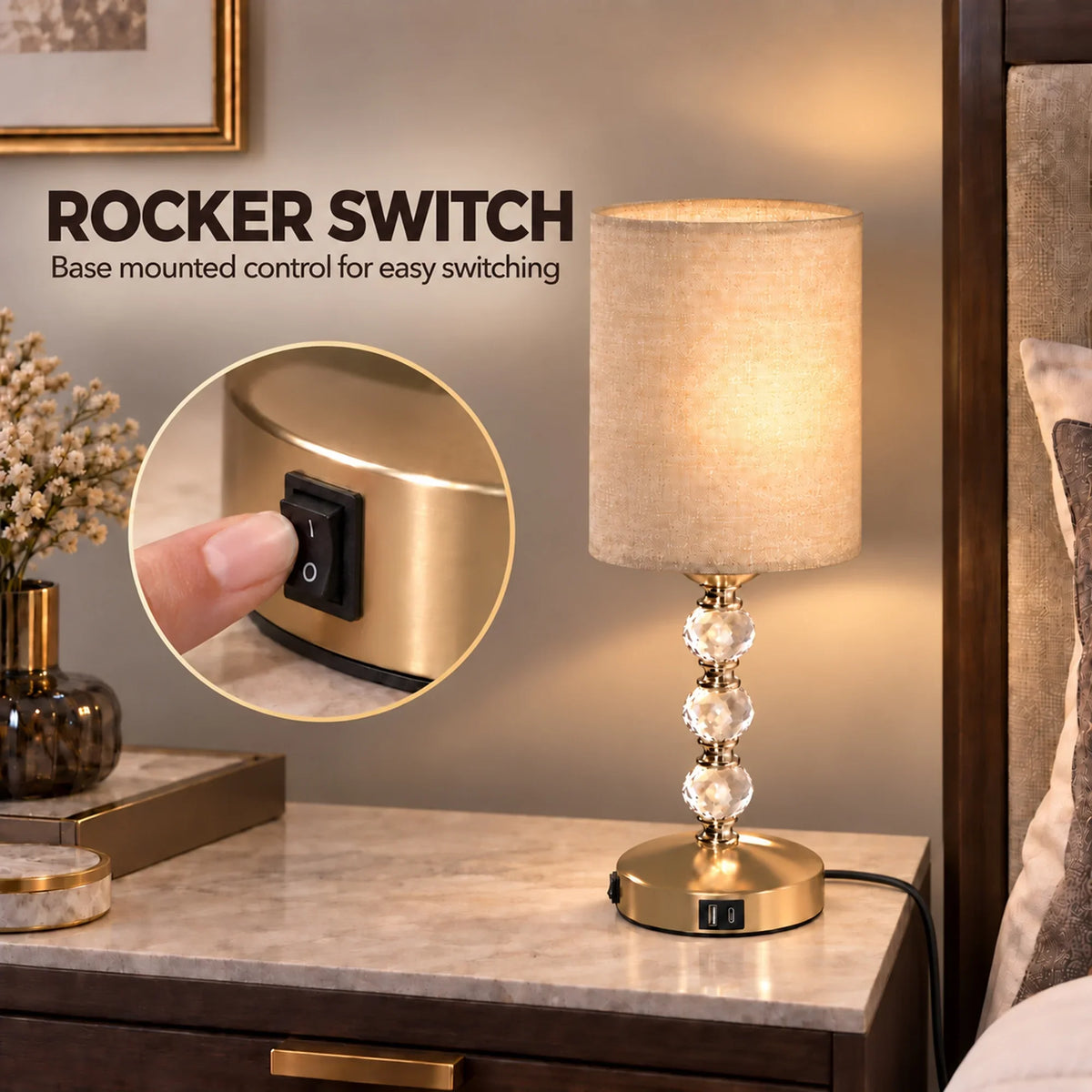 Crystal bedside lamp with beige shade and rocker power switch on gold base