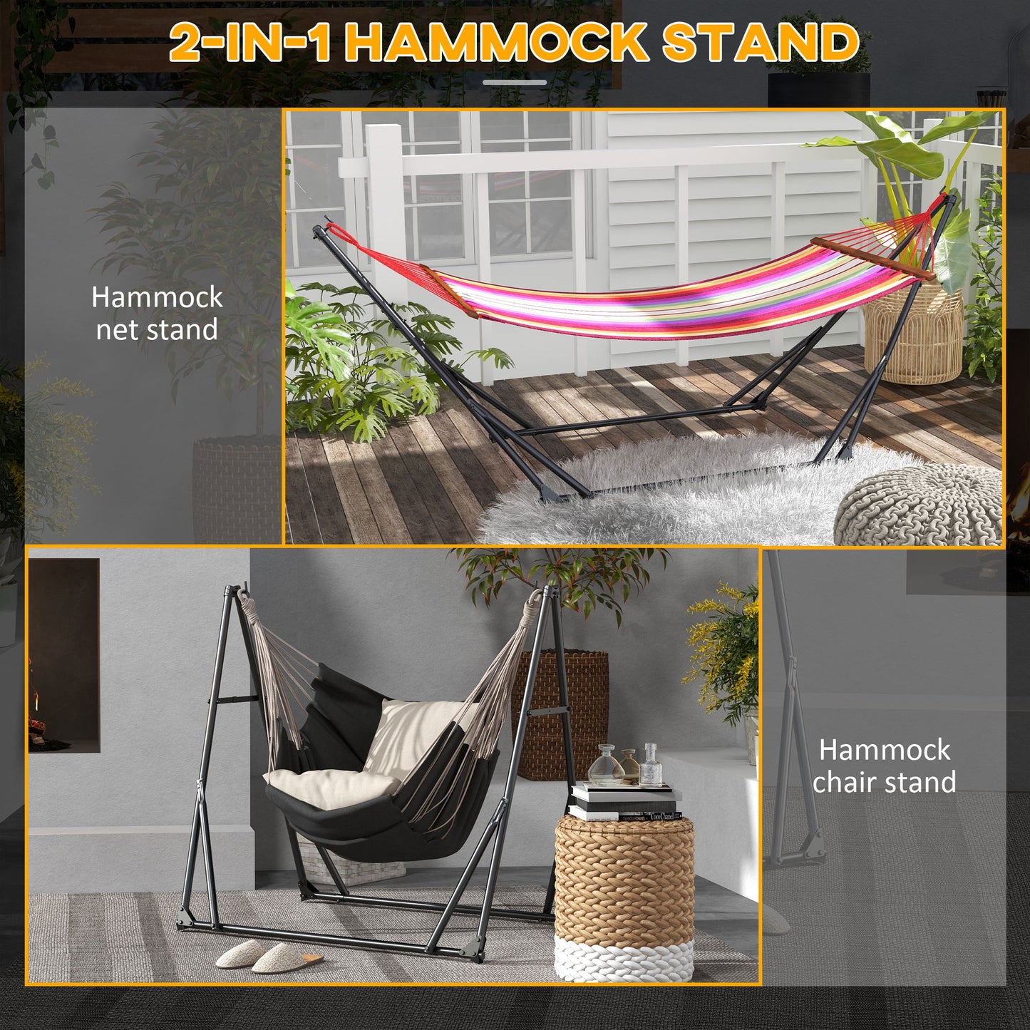 Outsunny Foldable Hammock Stand 2 In 1 Net And Chair Stand With Carry Bag Black