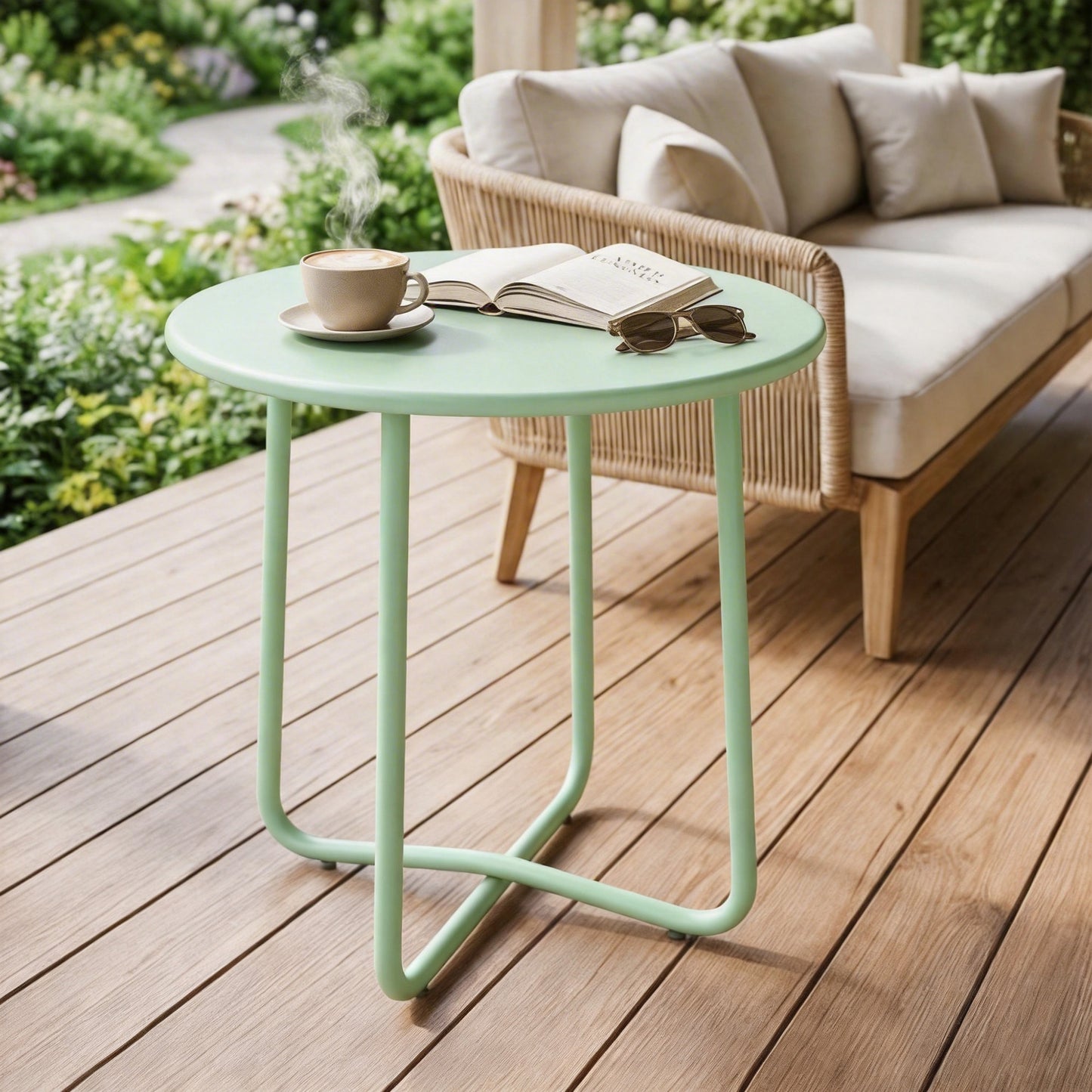 Outsunny 48 Cm Round Metal Outdoor Garden Side Table With Rolled Edge And Adjustable Foot Pads Rust Resistant Green
