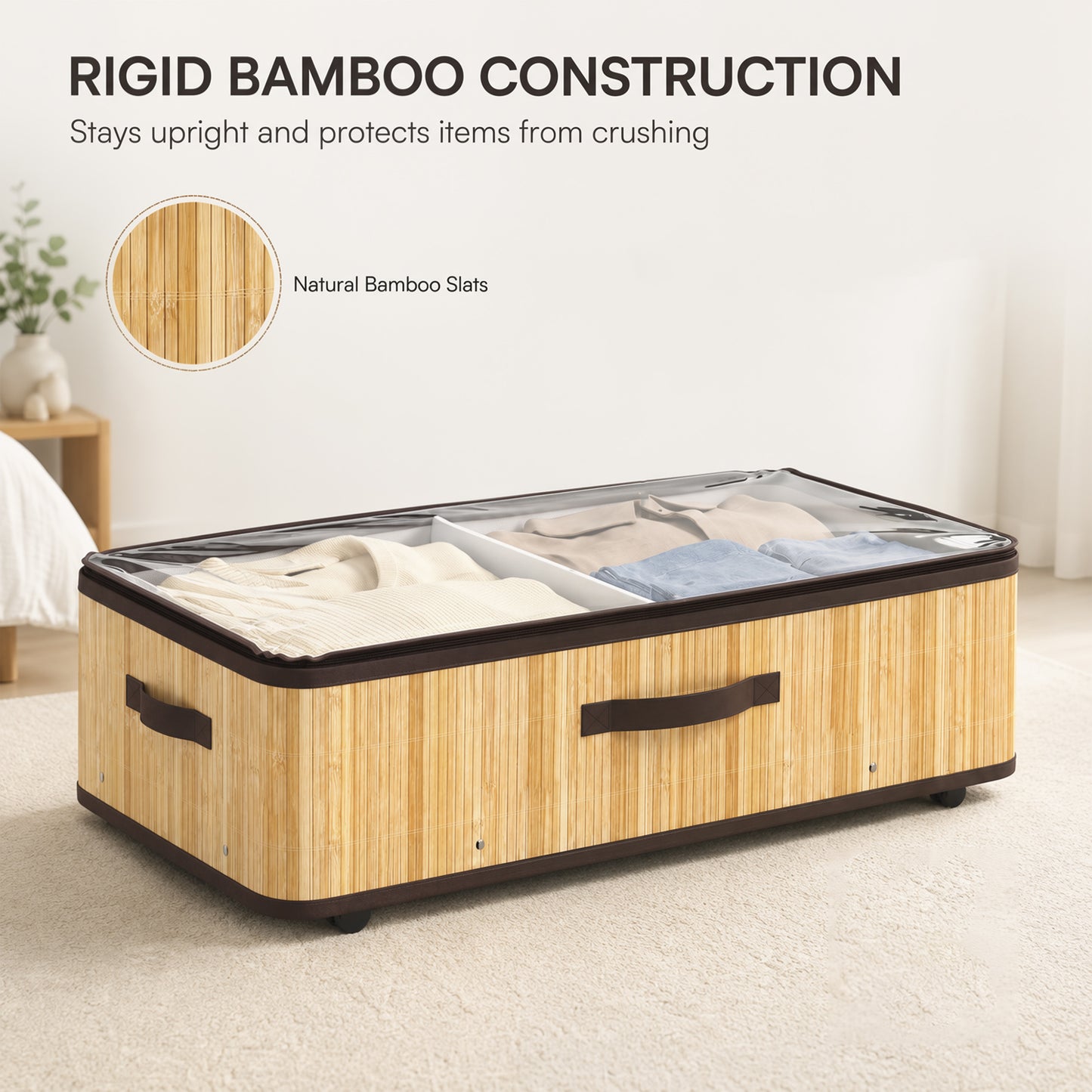 HOMCOM 60L Under Bed Storage Boxes With Wheels And Clear Lid Natural Pack Of 2