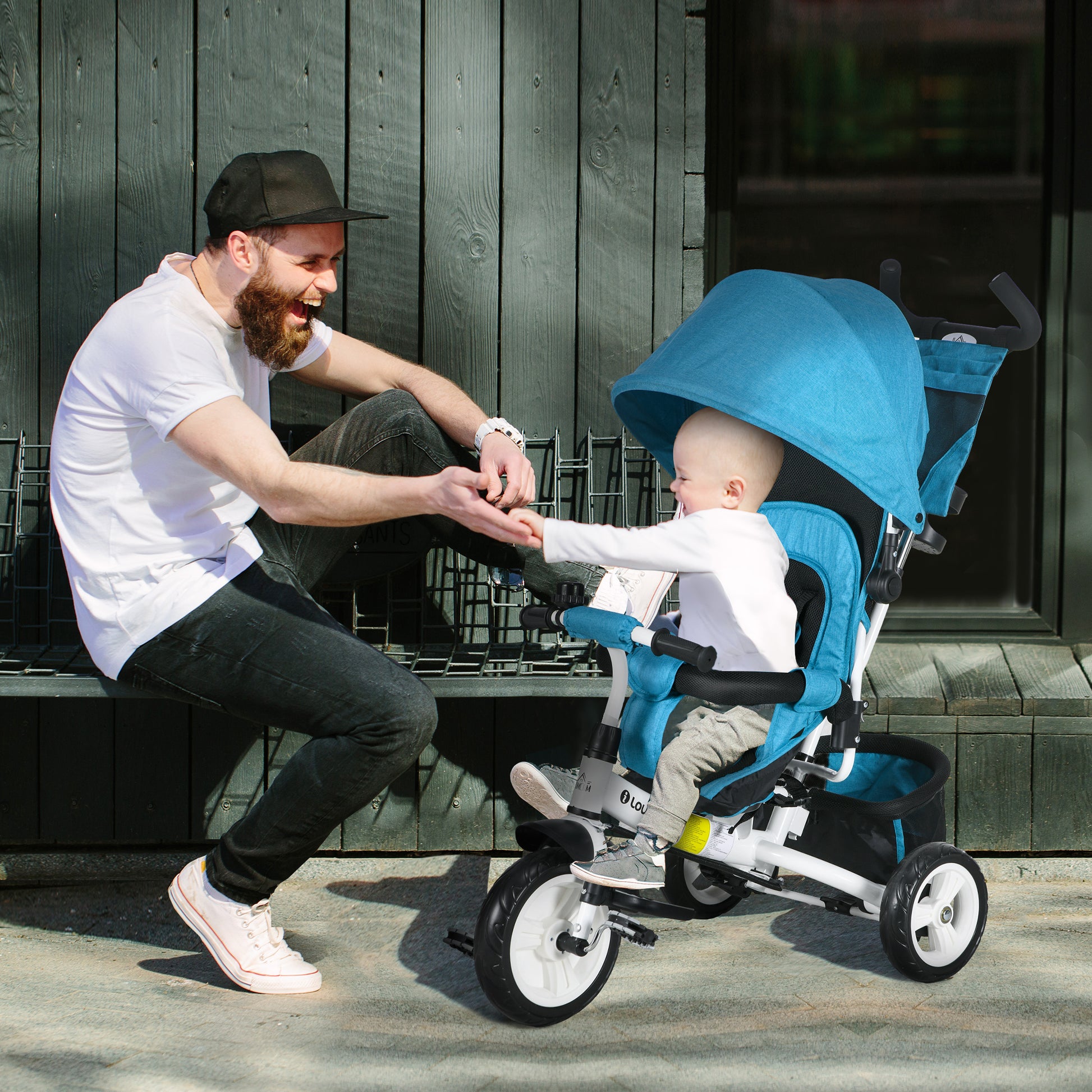 HOMCOM 4-in-1 Adjustable Toddler Tricycle with Canopy, Safety Belt, and Parent Handle for Ages 1-5 - Blue - ALL4U RETAILER LTD