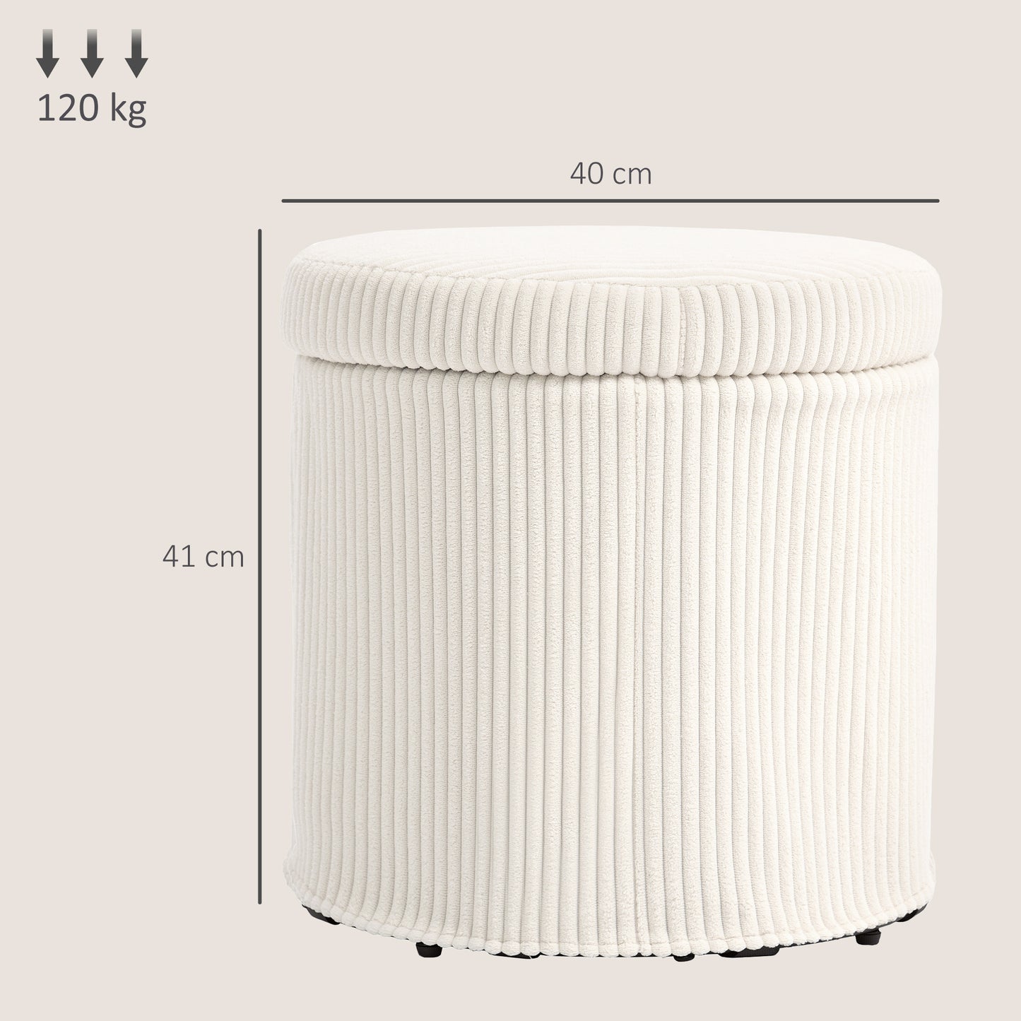 HOMCOM 40cm Round Storage Ottoman With Removable Lid And Legs In Corduroy Beige Vanity Stool And Storage Seat