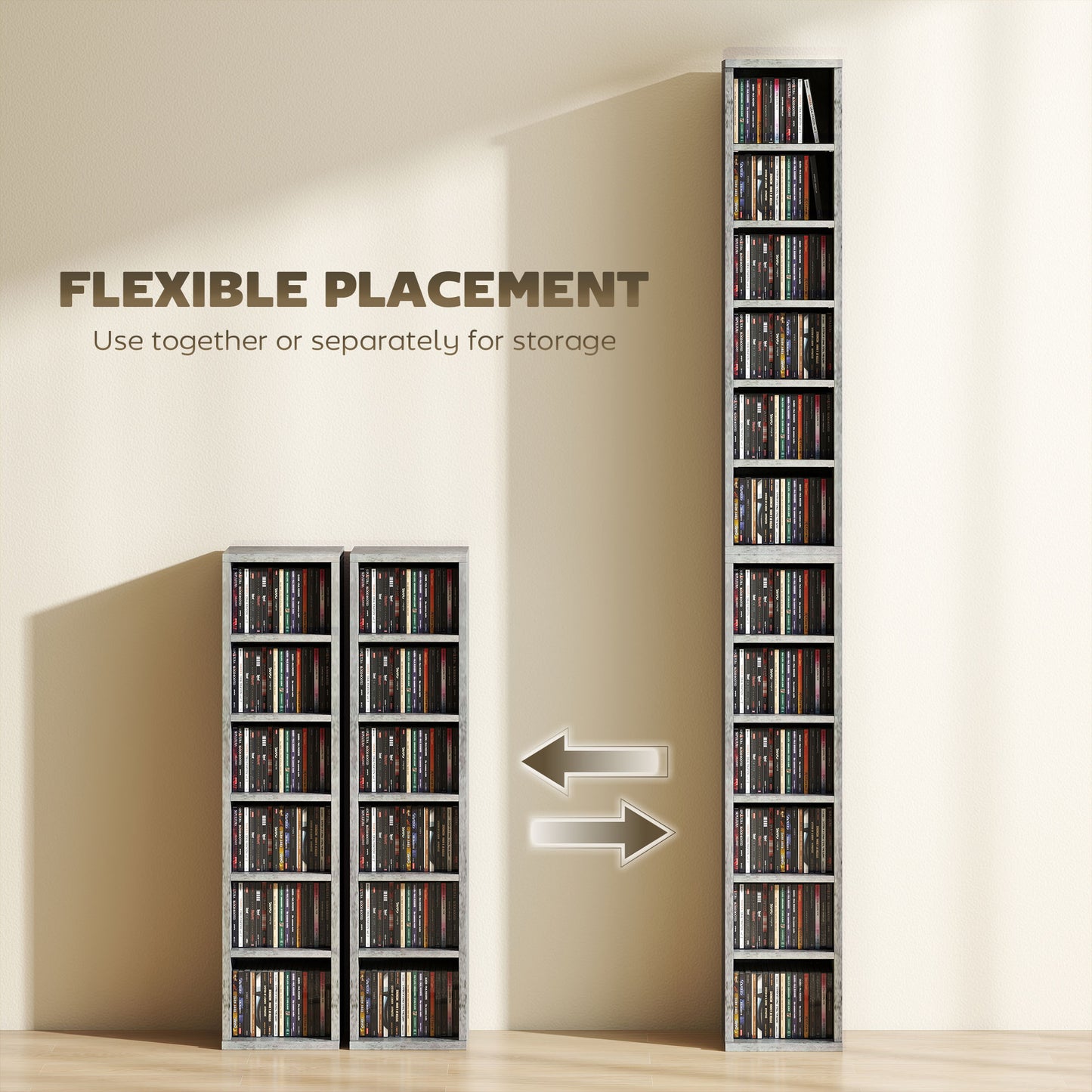 HOMCOM Set Of 2 CD Media Display Tower Racks With Adjustable Shelves Grey Holds 102 CDs Each