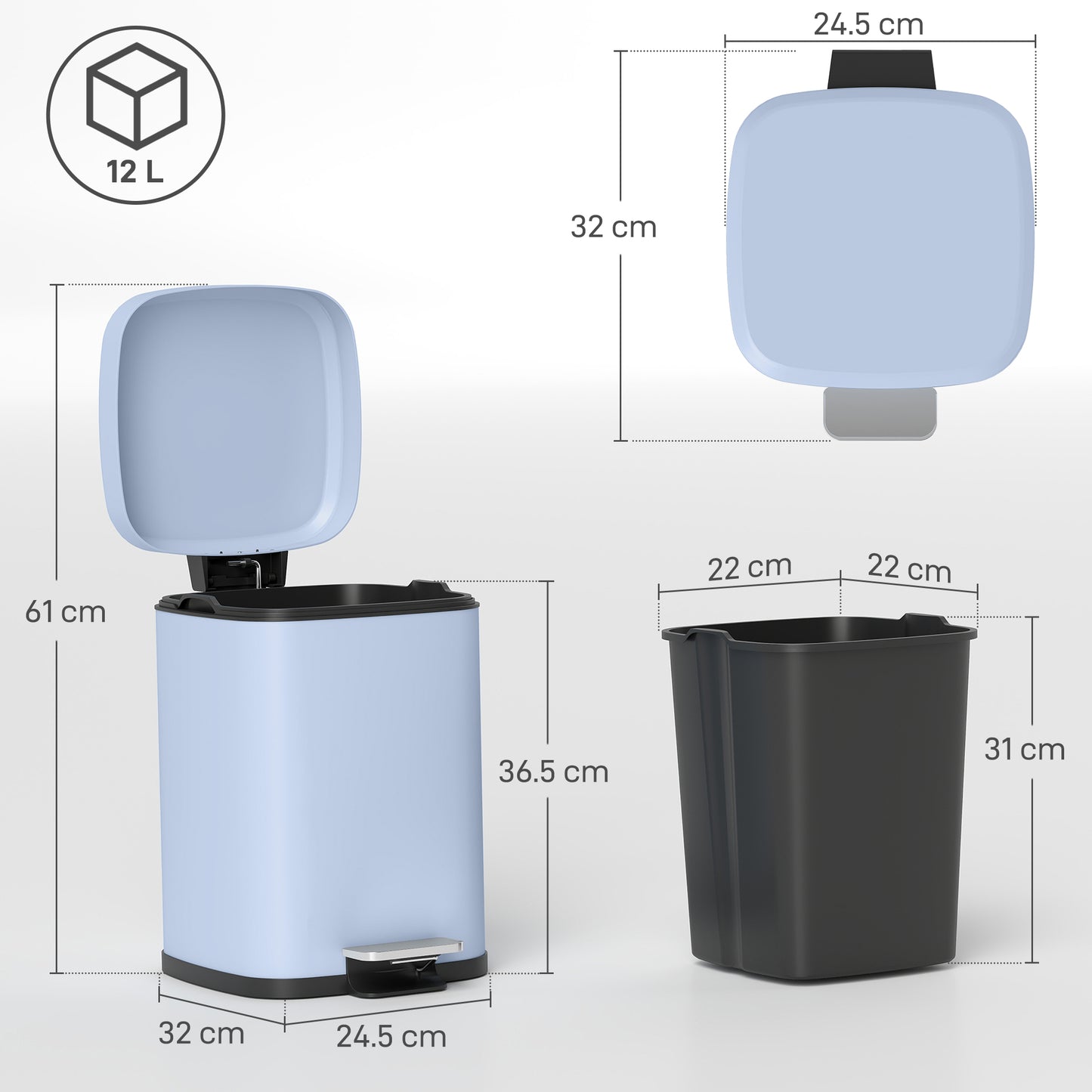 HOMCOM 12L Modern Boxy Metal Kitchen Bin With Pedal And Soft Close Light Blue Lid