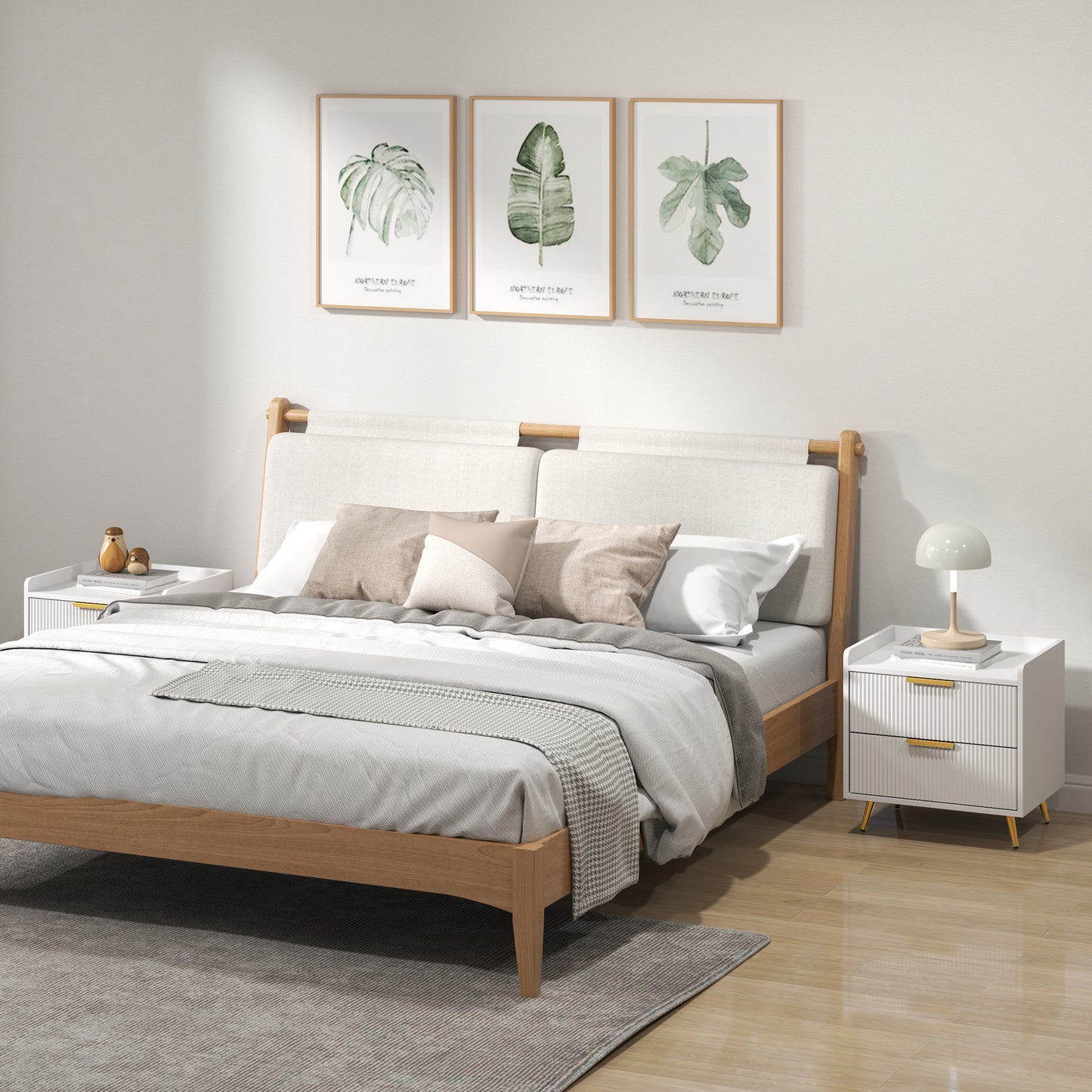 HOMCOM Elegant Two Drawer Bedside Tables Set Of 2 White With Ridged Fronts And Gold Tone Handles