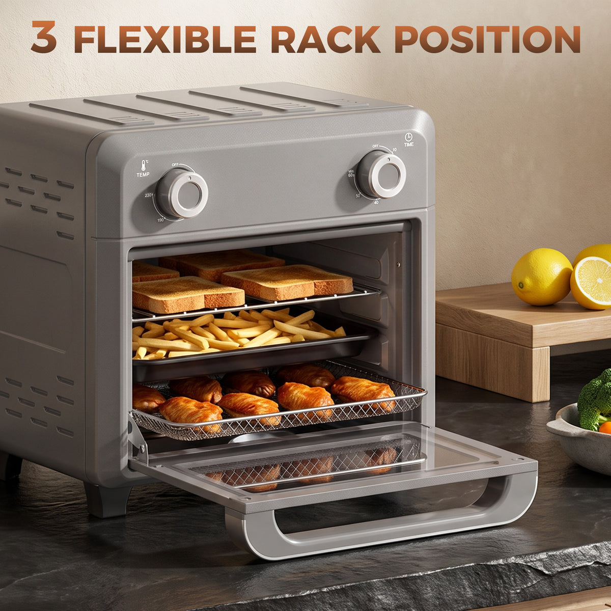 Grey air fryer oven with open door and multi-level cooking racks
