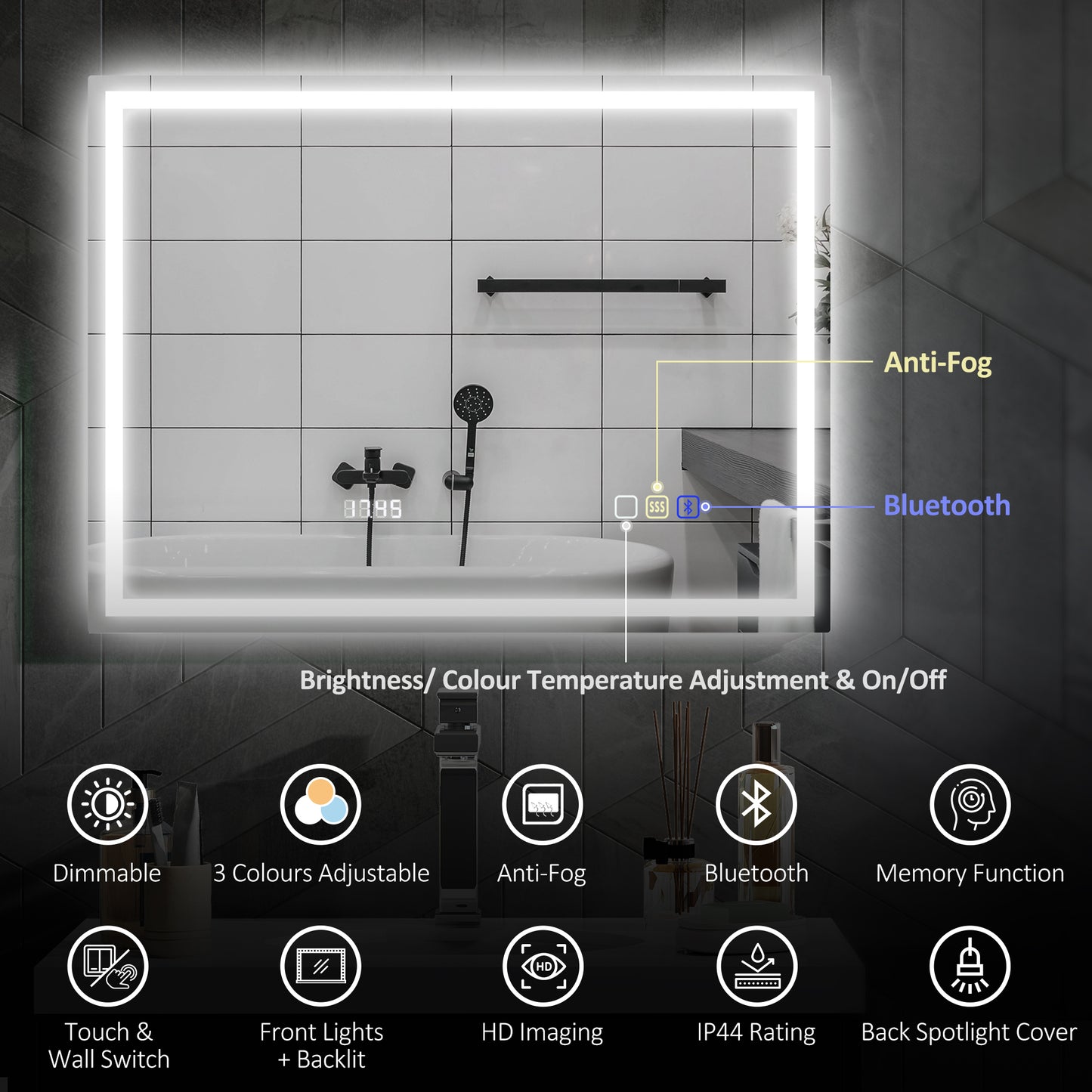 HOMCOM 60 X 80 CM Anti Fog LED Bathroom Mirror With Bluetooth Speaker And Clock Silver Tone