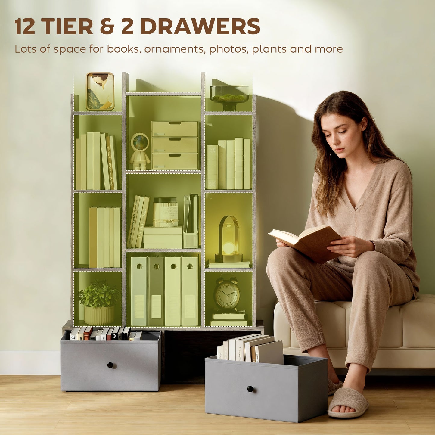 HOMCOM 12 Shelf Storage Unit With Drawers Graphite Wood Effect Anti Tip Kit For Stable Family Safe Home Organization