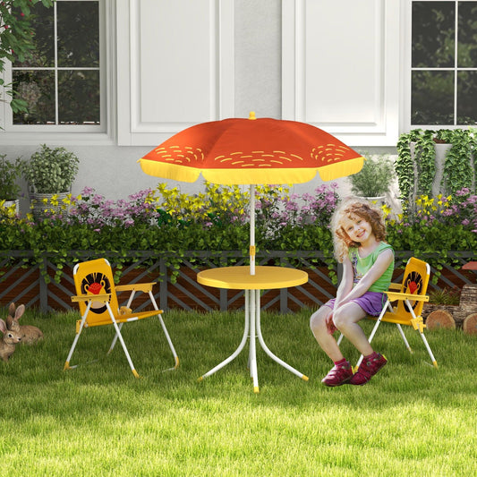 Outsunny Kids Picnic Table and Chair Set Lion Themed Outdoor Garden Furniture w/ Foldable Chairs, Adjustable Parasol - Yellow - ALL4U RETAILER LTD