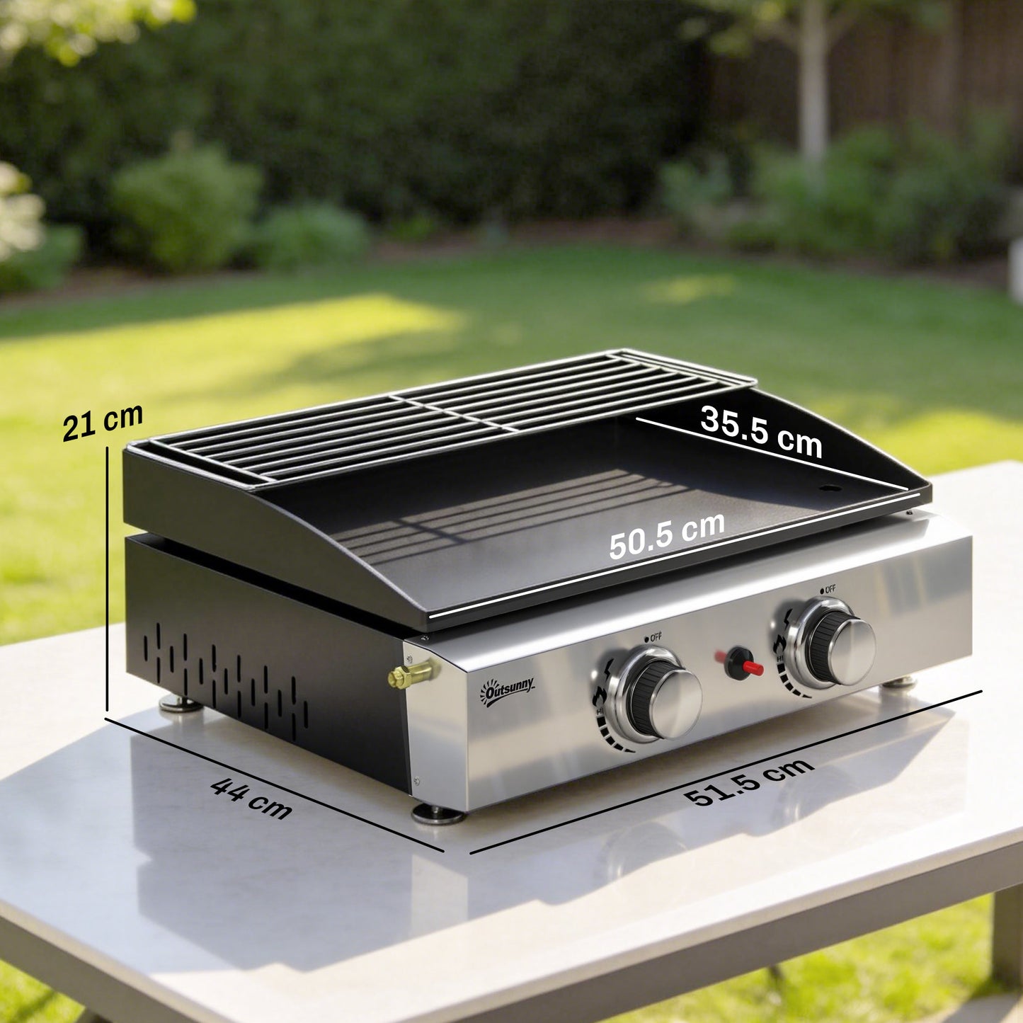 Outsunny Two Burner Grill Griddle Portable Gas Plancha With Warming Rack 5 Kilowatt Tabletop Gas BBQ Grease Cup Black