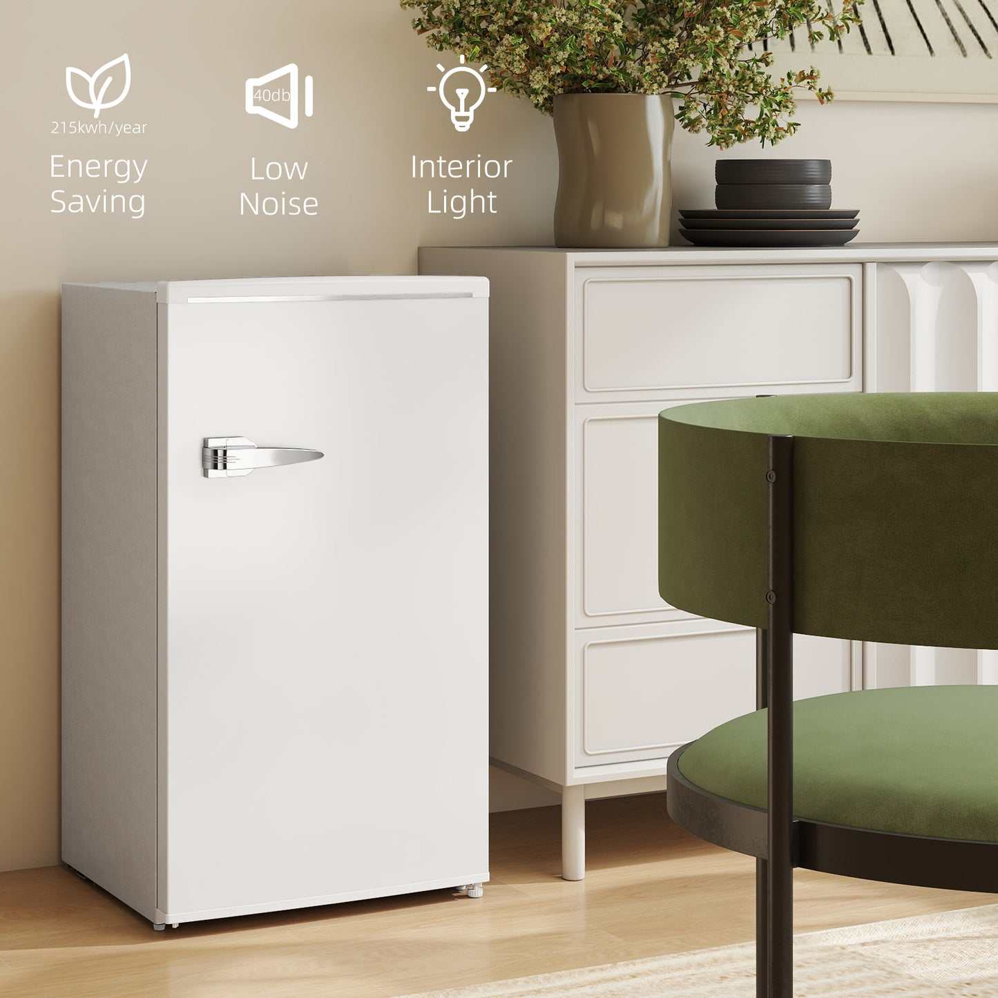 HOMCOM 85L Under Counter Fridge With Chiller Box Small Retro Refrigerator Adjustable Thermostat Glass Shelves White