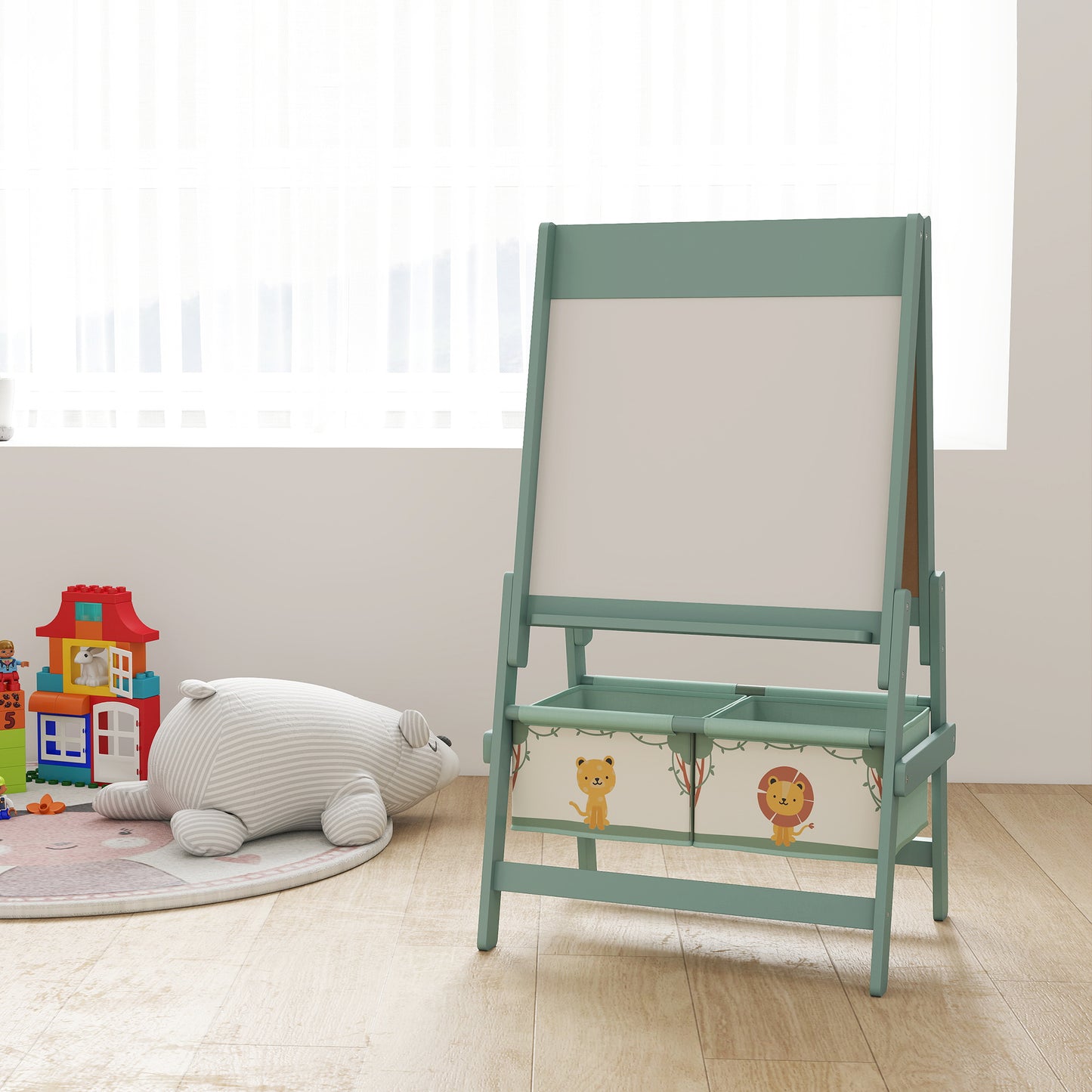 AIYAPLAY Art Easel For Kids Double Sided Whiteboard Chalkboard And Paper Roll Storage Boxes Ages 3 To 8 Green