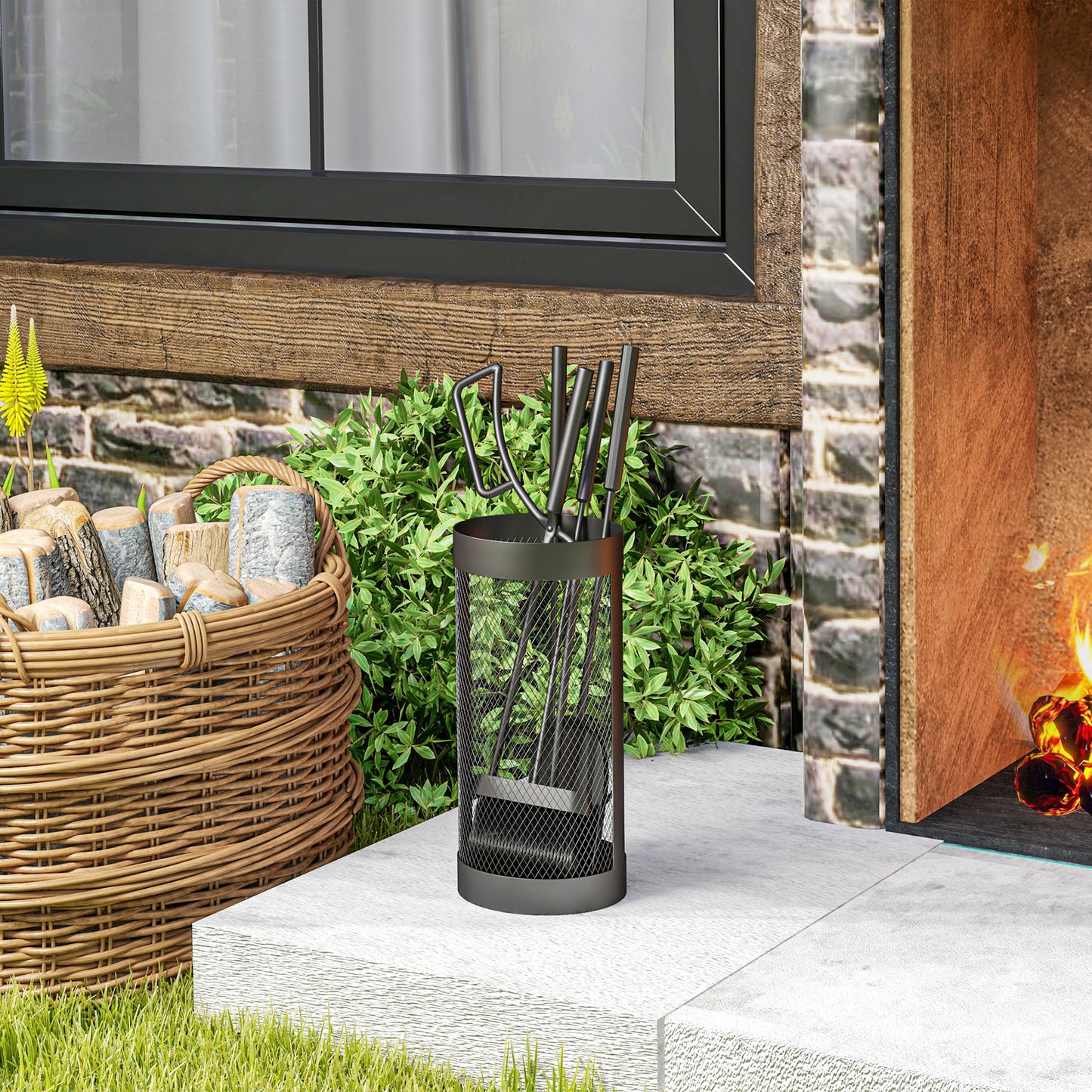 Outsunny 5 Piece Fireplace Tools Set With Mesh Basket Indoor Outdoor Fireside Accessories Black