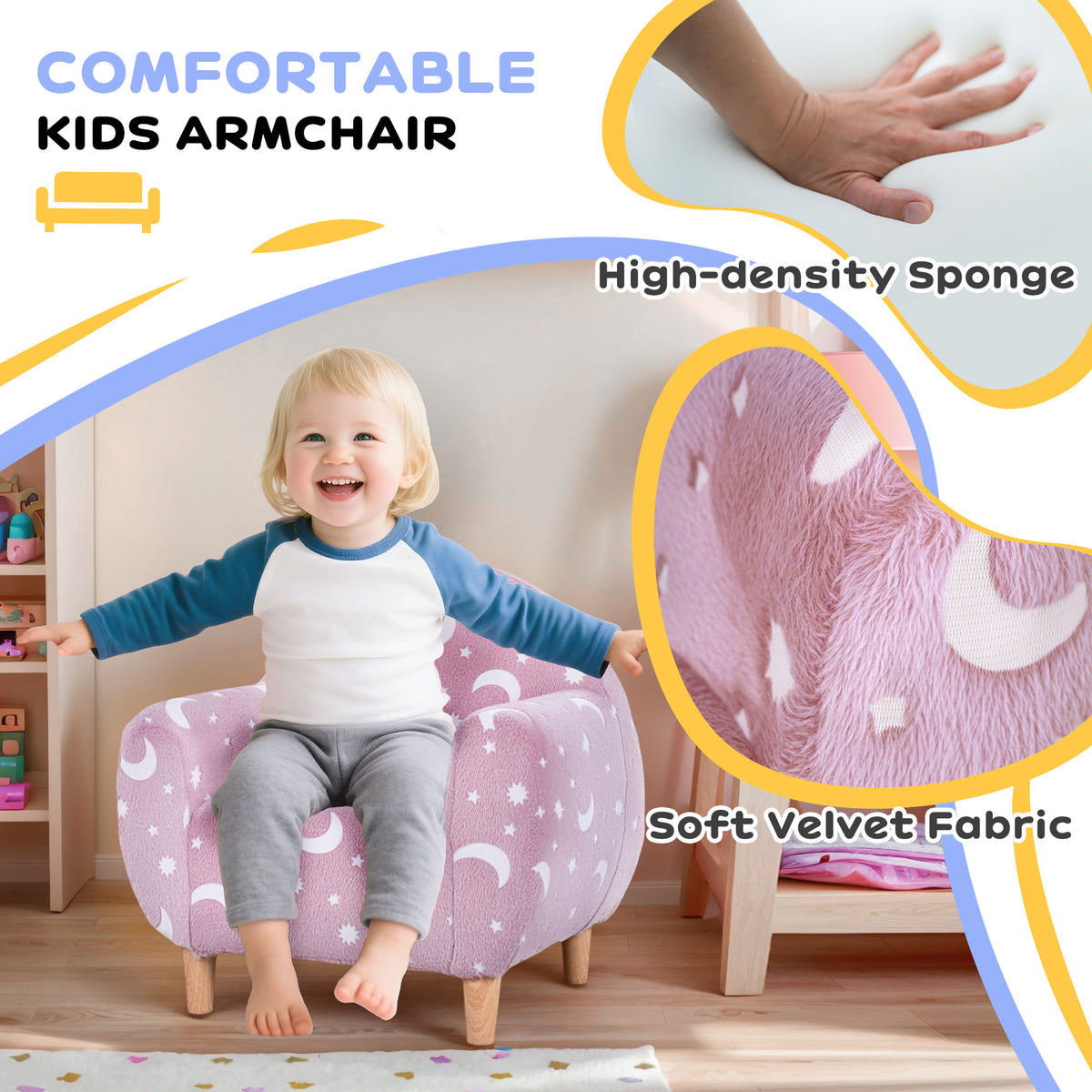 Kids armchair with pink star and moon print, plush fabric, rounded shape, wooden legs