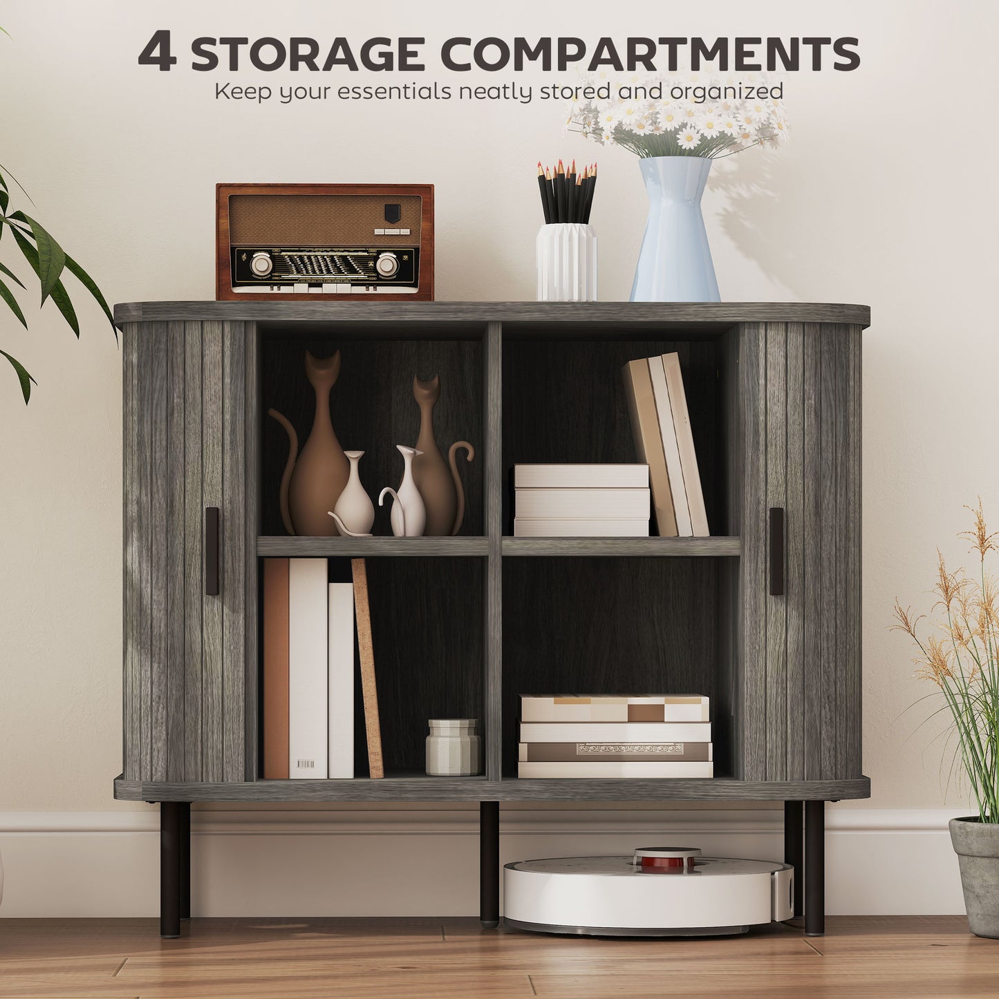 HOMCOM Mid Century Modern Sideboard Storage Cabinet With Slatted Tambour Doors Grey Kitchen Unit With Steel Legs