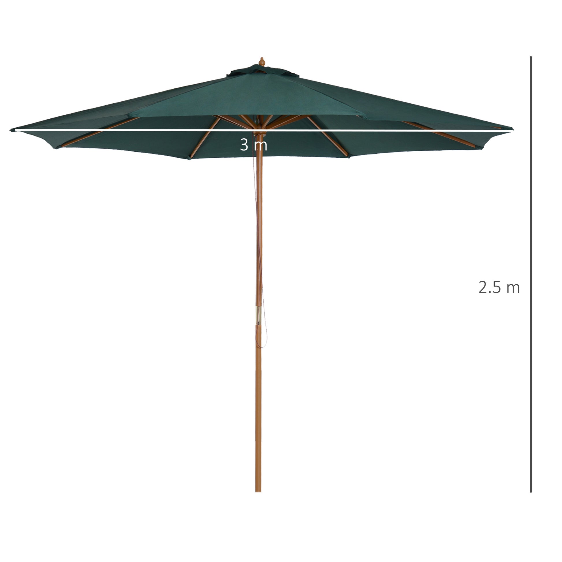 Outsunny 3m Wooden Garden Parasol with Pulley System and Adjustable Angle, Dark Green - ALL4U RETAILER LTD