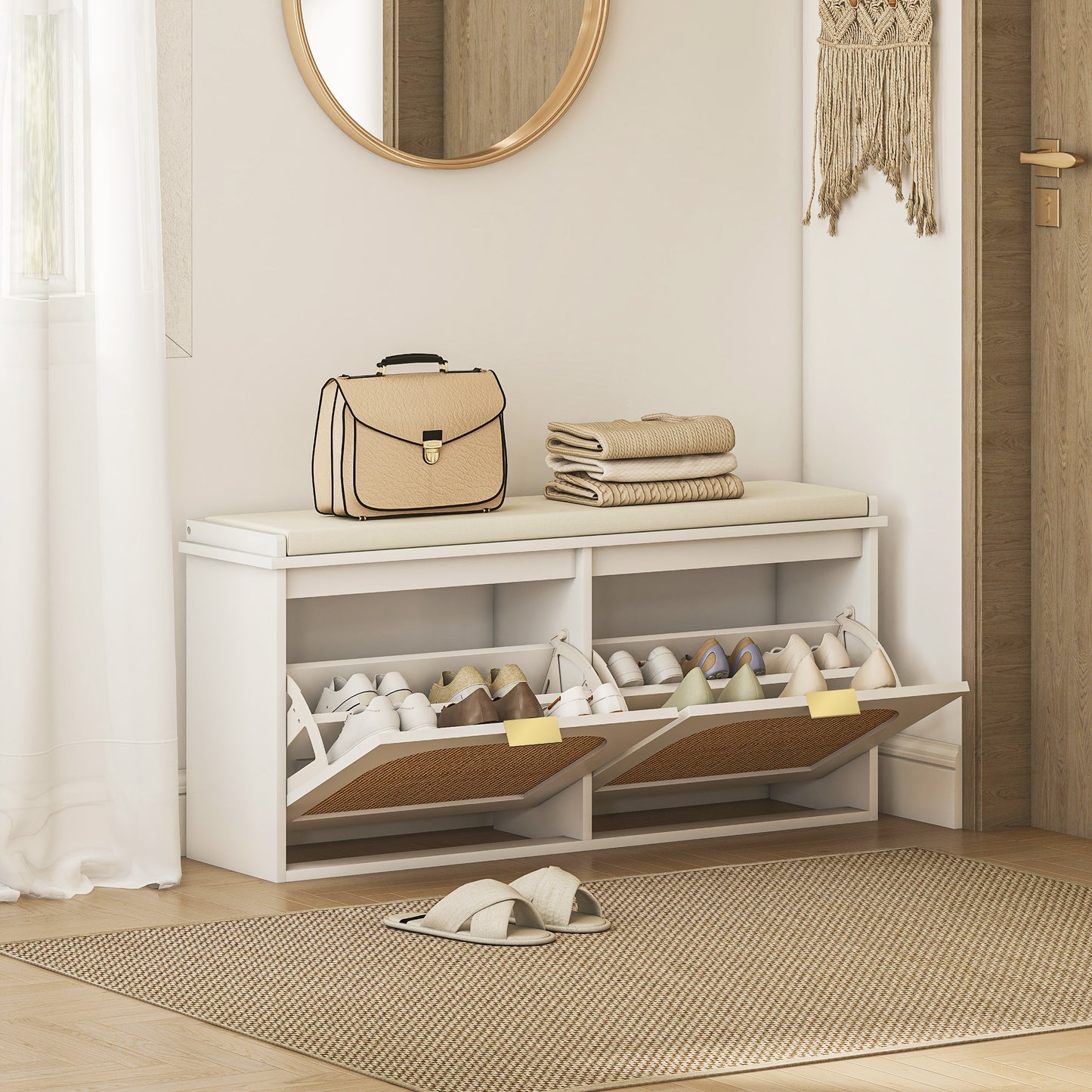 HOMCOM Boho Shoe Bench With Padded Seat And Two Flip Drawers White Entryway Organizer