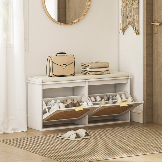 HOMCOM Boho Shoe Bench With Padded Seat And Two Flip Drawers White Entryway Organizer