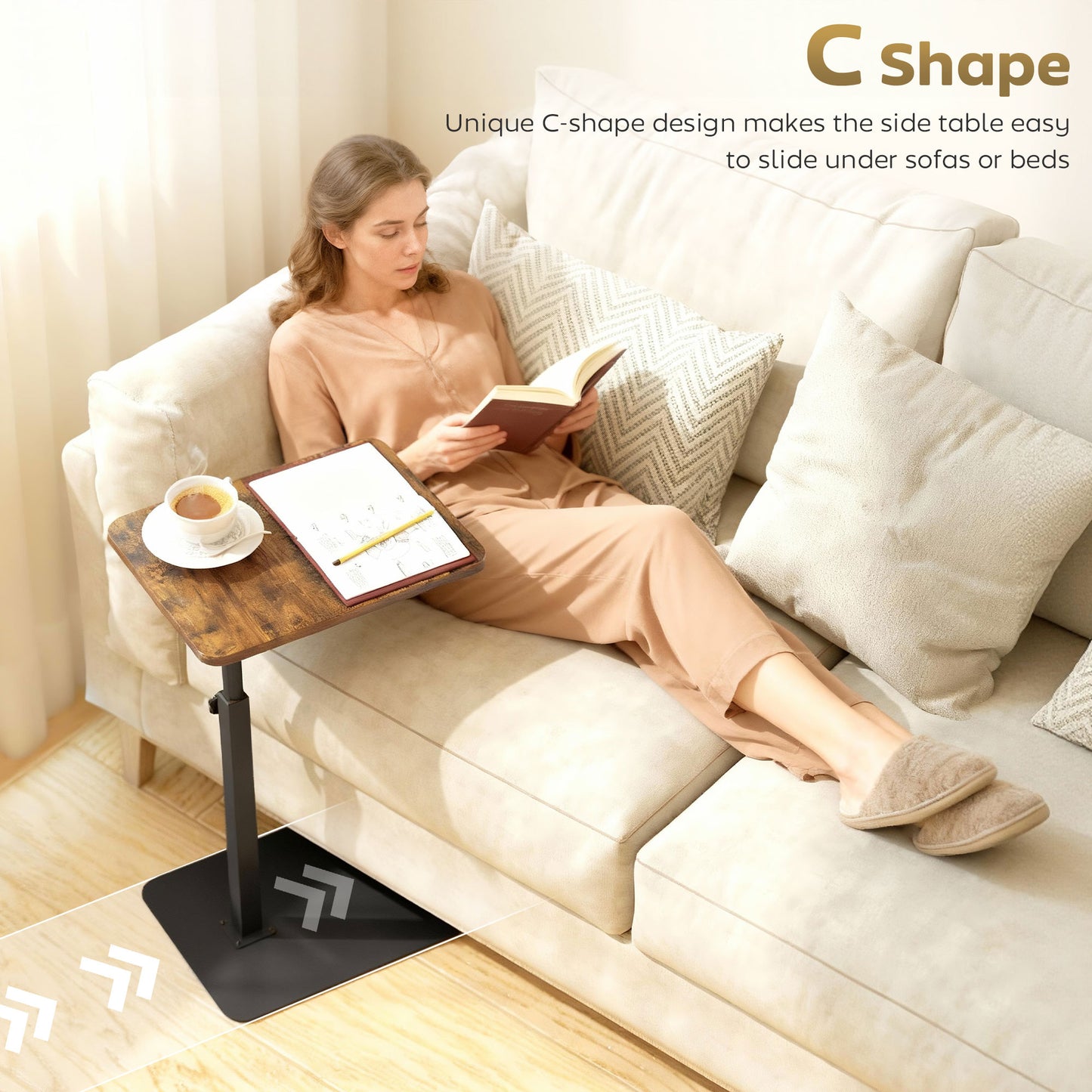 HOMCOM C Shaped End Table With Adjustable Height And Metal Base For Living Room Bedroom Rustic Brown