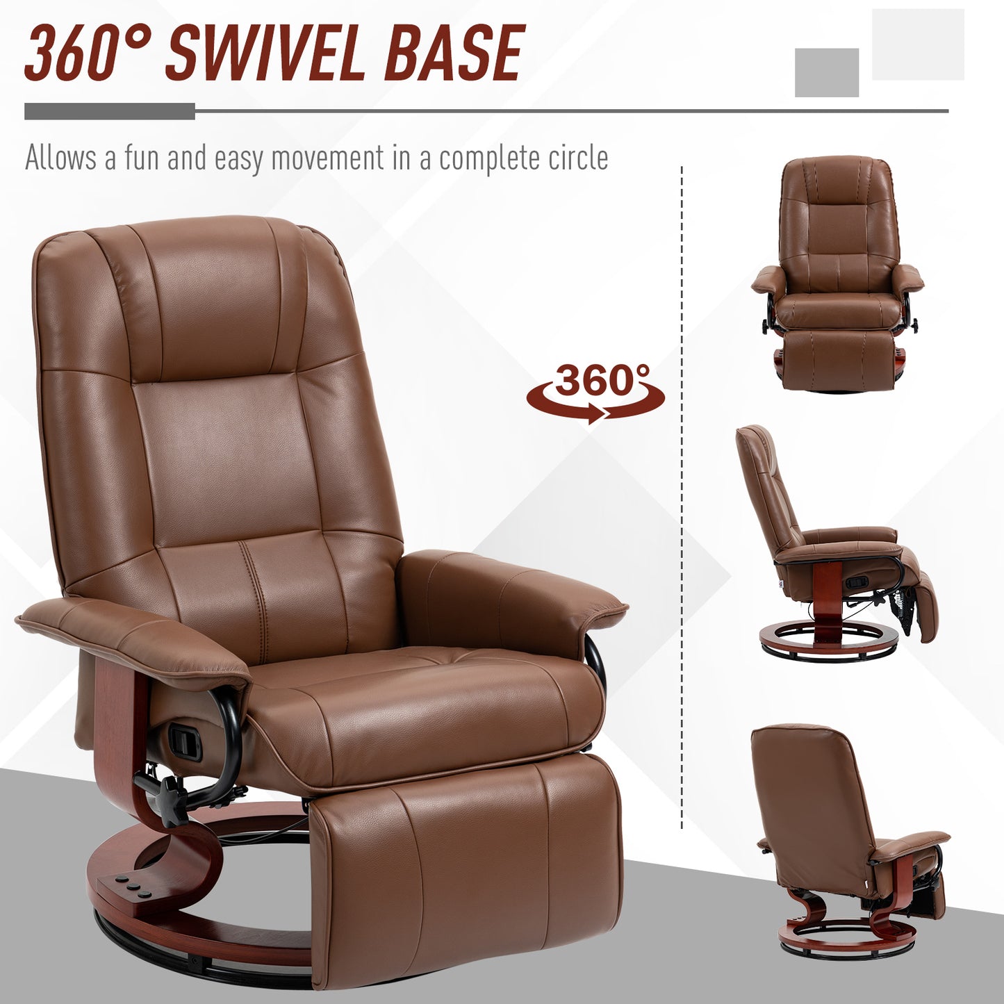 HOMCOM Faux Leather Recliner Armchair With 145 Degree Back Tilt And 360 Degree Swivel Brown