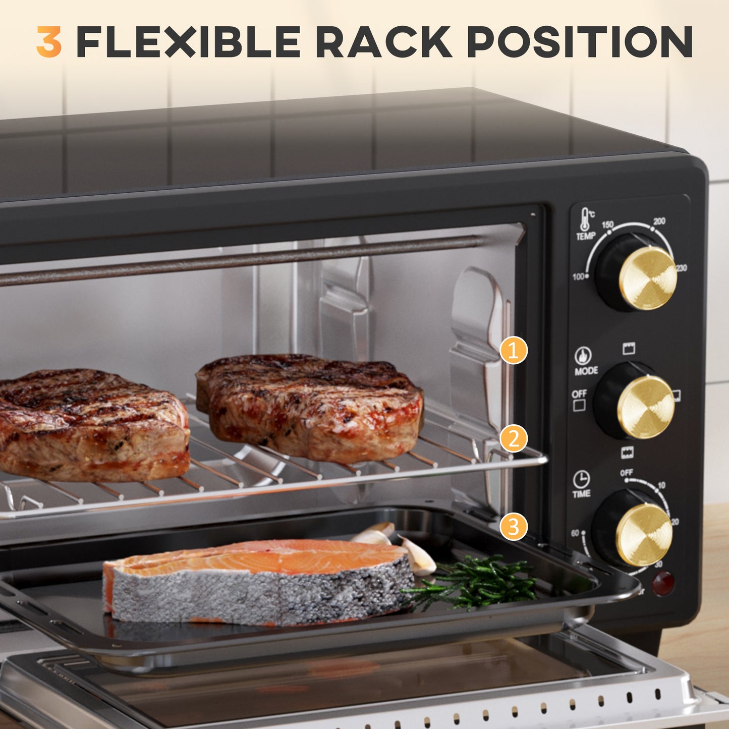 HOMCOM 16L Mini 1400W Countertop Oven Black With Removable Rack And Tray For Flexible Three Level Cooking