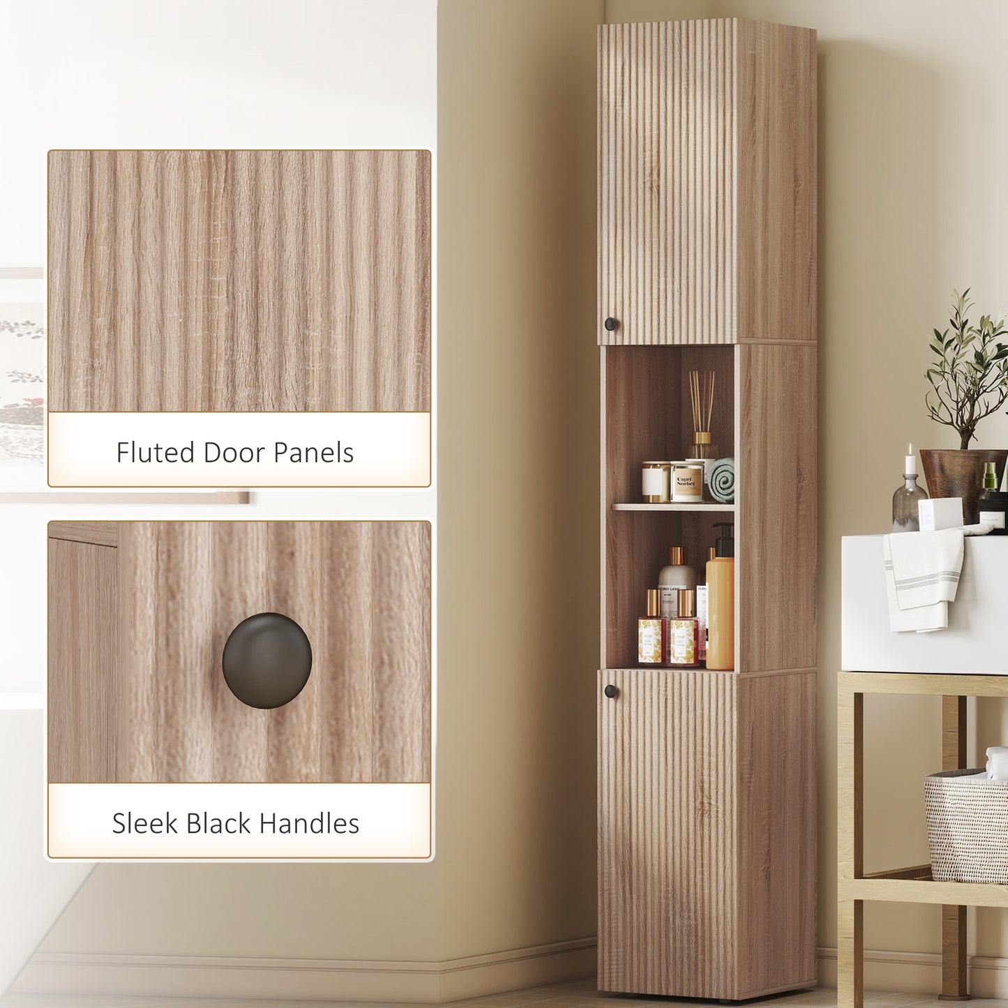 HOMCOM 6 Tier Tall Bathroom Cabinet Slim Space Saving Narrow Storage with Adjustable Shelves Natural Finish
