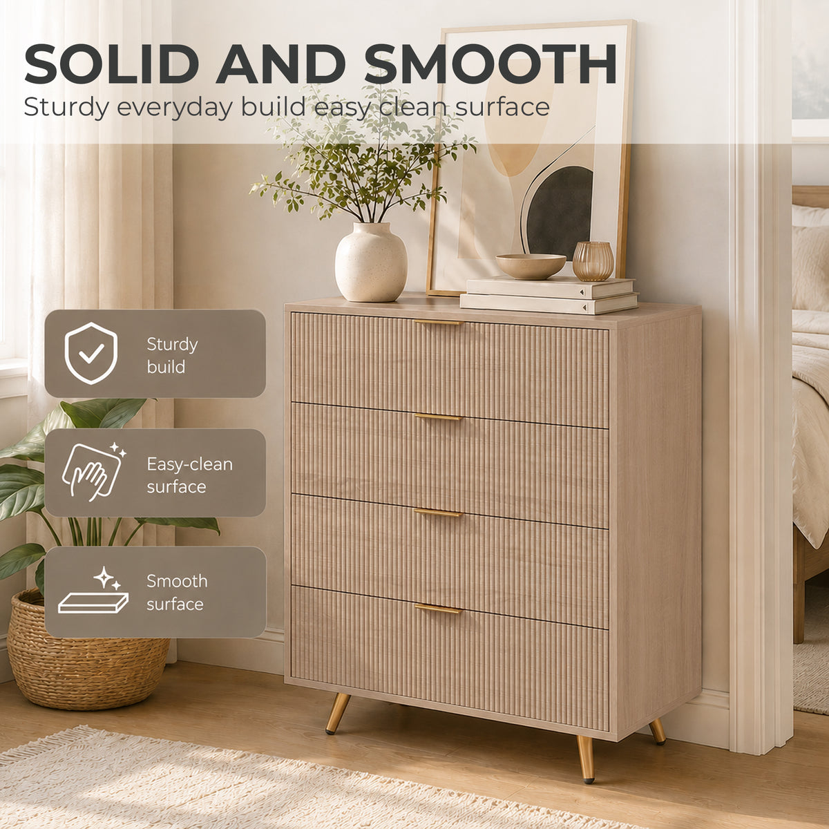 Homcom Bedroom Chest Of Drawers With 4 Drawers Gold Handles Fluted Dresser