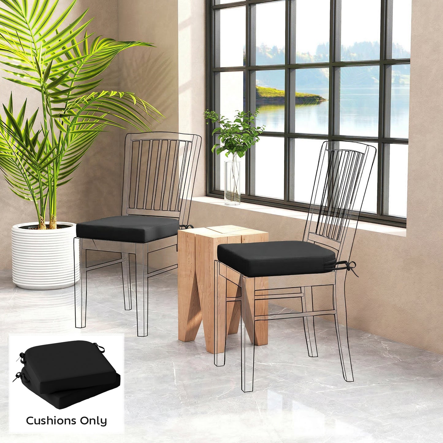 Outsunny Outdoor Chair Cushions Set of 2 with 7cm Thick Foam and Ties Water Repellent Flame Retardant Fabric Black
