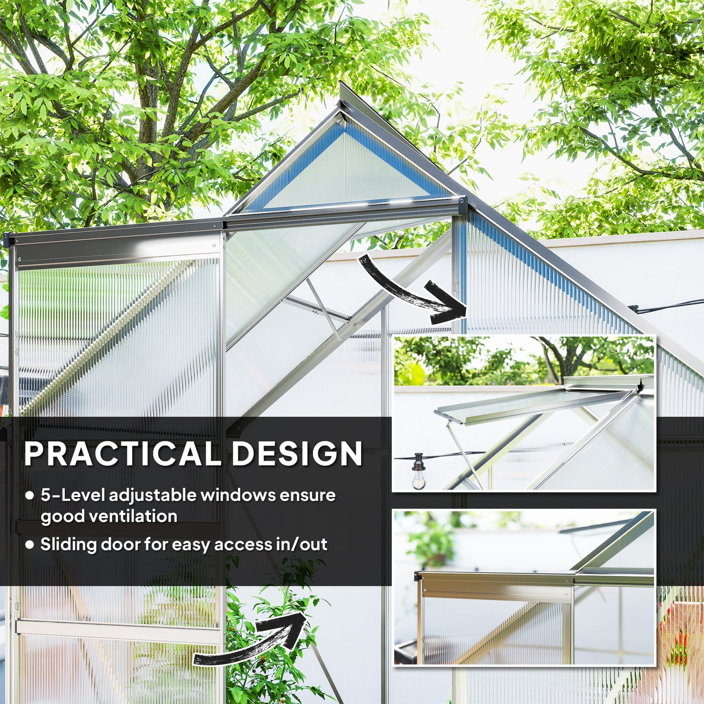 Outsunny 192.5 x 131 cm Walk In Polycarbonate Greenhouse Aluminum Frame Silver Tone For Garden