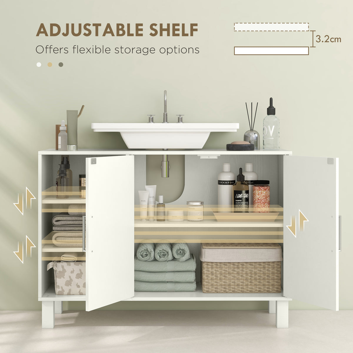 Under-sink cabinet in cream with two-level interior and adjustable shelf behind open doors
