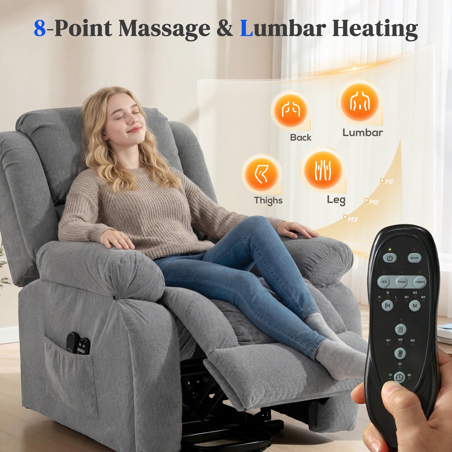 HOMCOM Electric Recliner Lift Chair With Vibration Massage And Heat, Wide Seat, USB Port, Light Grey