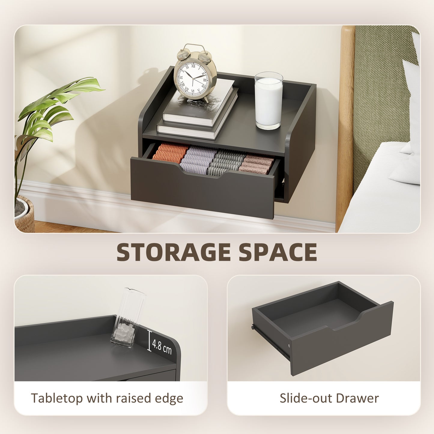 HOMCOM Floating Nightstands Set of 2 Wall Mounted Bedside Tables With Drawers in Black
