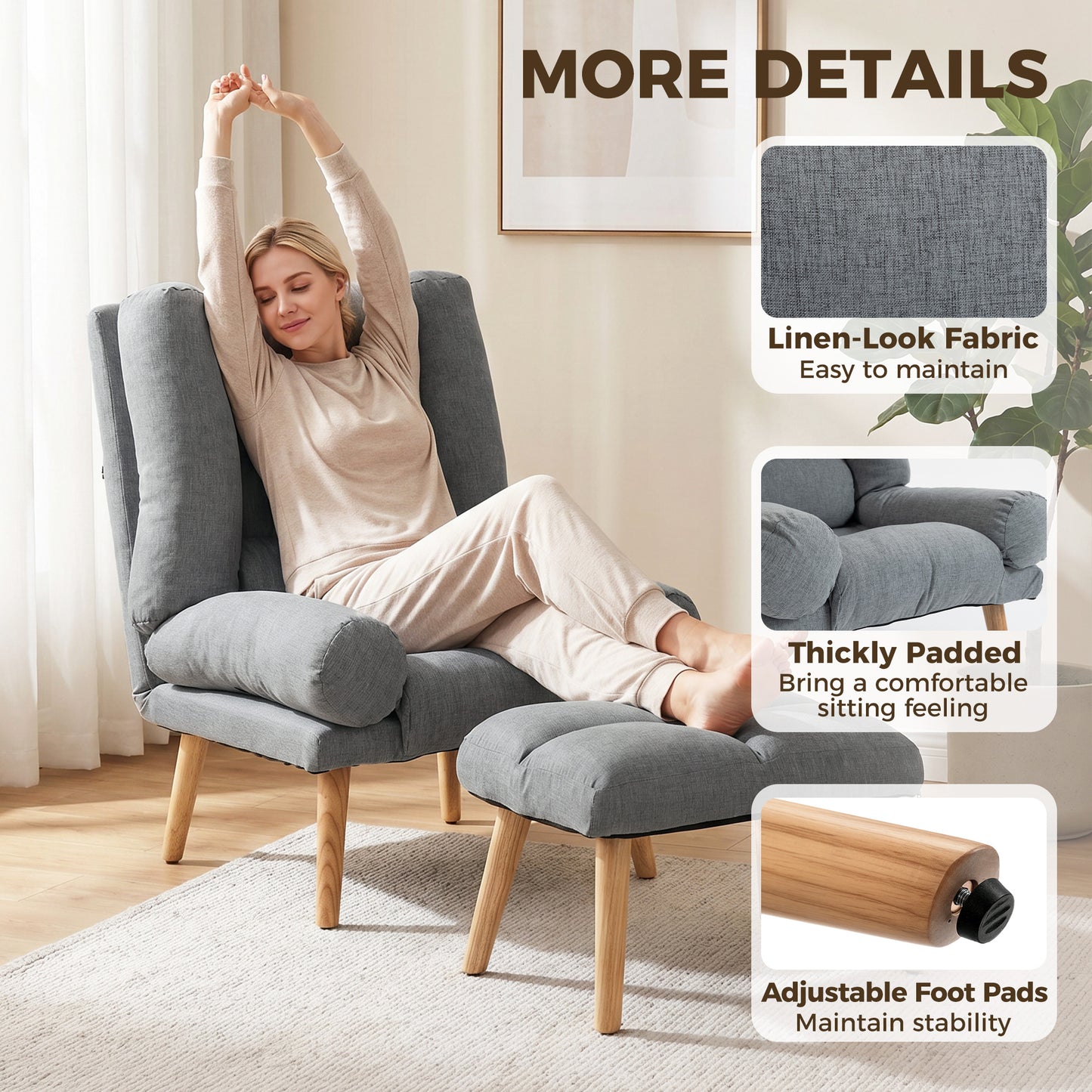 HOMCOM Recliner Chair With Footstool Adjustable Backrest Thick Cushion And Wooden Legs Grey
