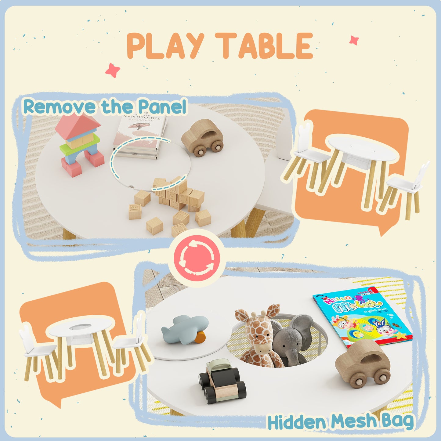 AIYAPLAY 3 Piece Kids Table And Chair Set With Mesh Bag Bear Shaped Backrest For Arts And Crafts And Reading White
