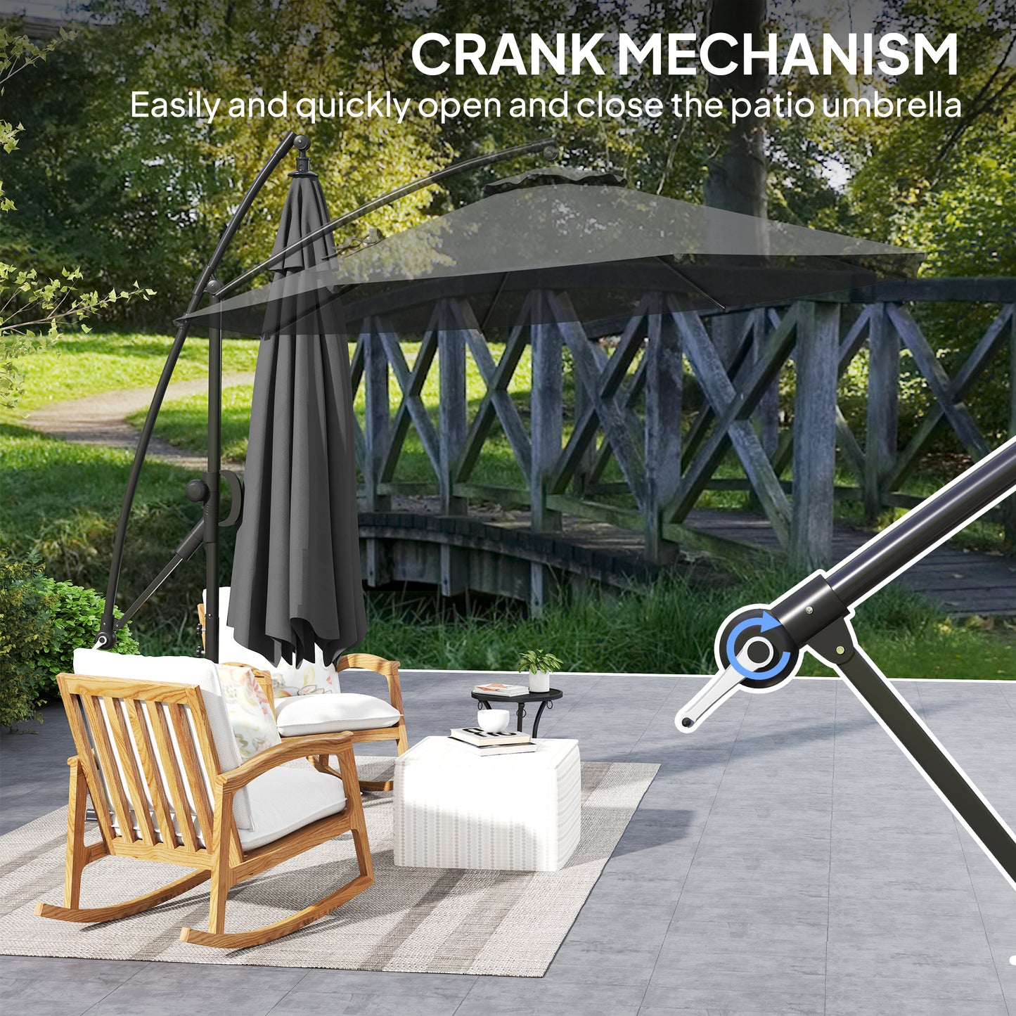 Outsunny 3m Cantilever Garden Parasol With Cover And Wind Straps Round Overhang Umbrella Crank Tilt Grey UPF50 Plus