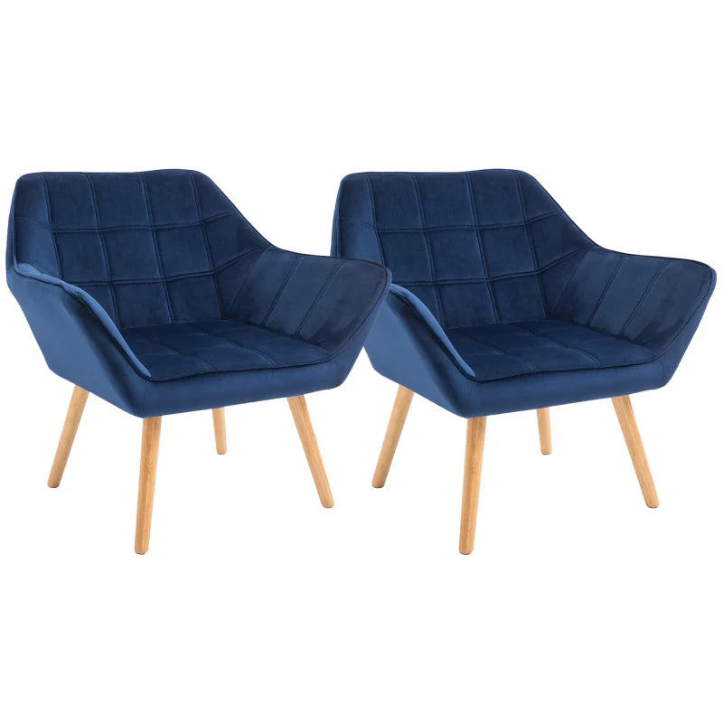 HOMCOM Set of 2 Modern Armchairs with Wide Arms, Slanted Back, Rubber Wood Legs - Blue | Stylish Accent Chairs for Living Room, Bedroom, Home Office - ALL4U RETAILER LTD