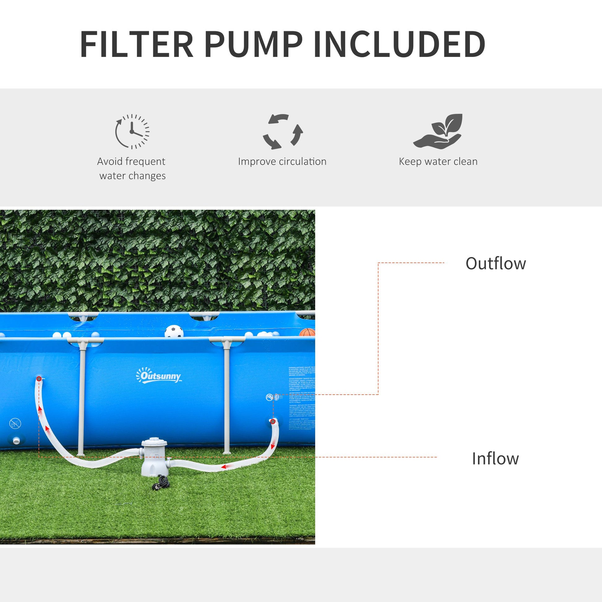 Outsunny Portable Above Ground Pool with Filter Pump & Rugged Steel Frame - 252 x 152 x 65cm - ALL4U RETAILER LTD