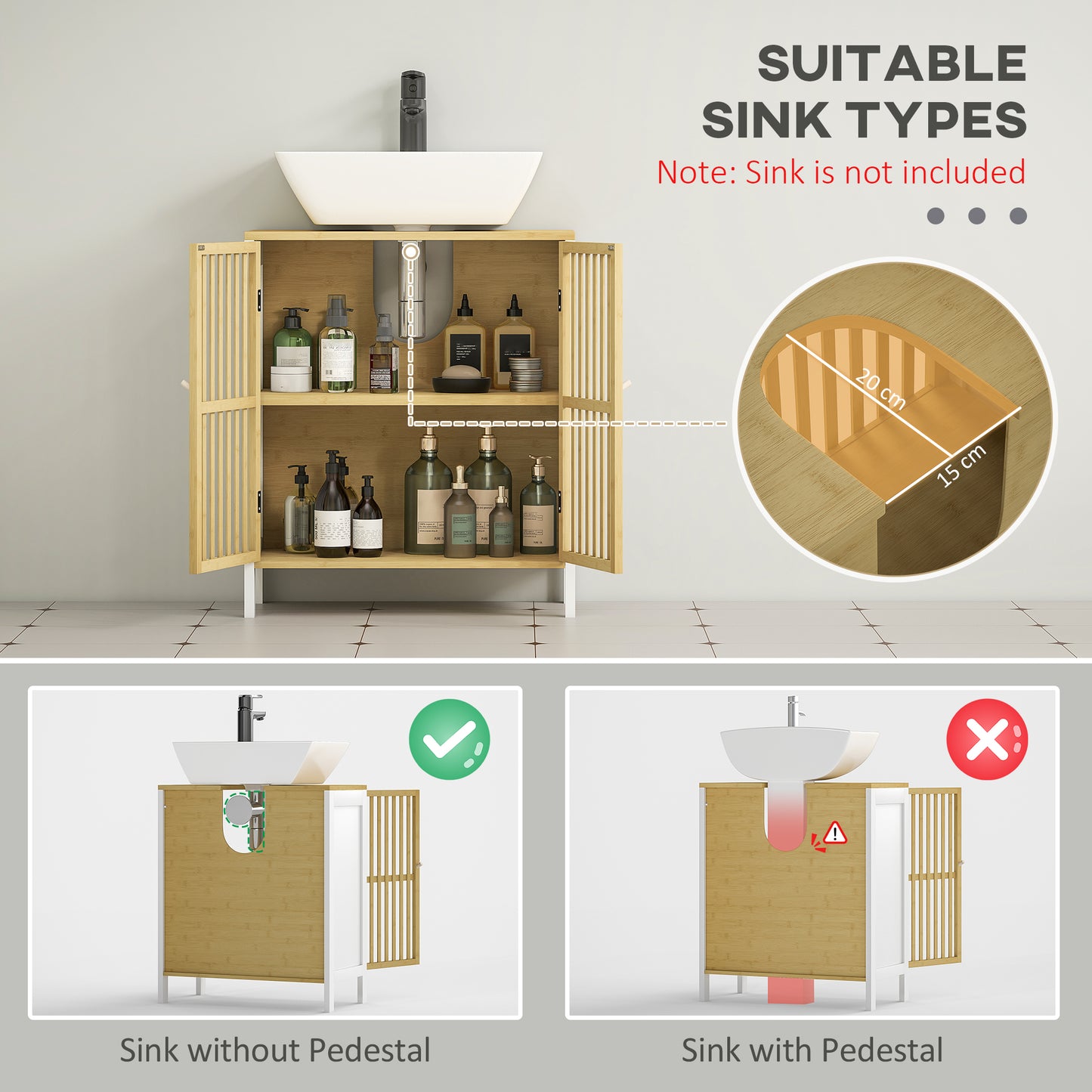 HOMCOM Bamboo Blend Retro Cutout Under Sink Cabinet With Three Position Adjustable Shelf For Bathroom Storage