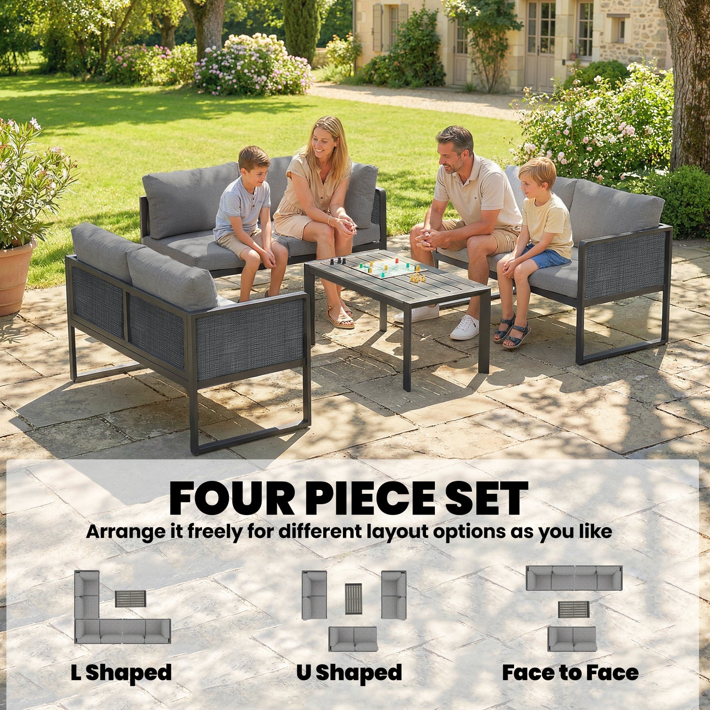 Outsunny 6 Seater Metal Garden Furniture Corner Sofa Set With 3 Loveseats Faux Wood Table Texteline Seat Cushions
