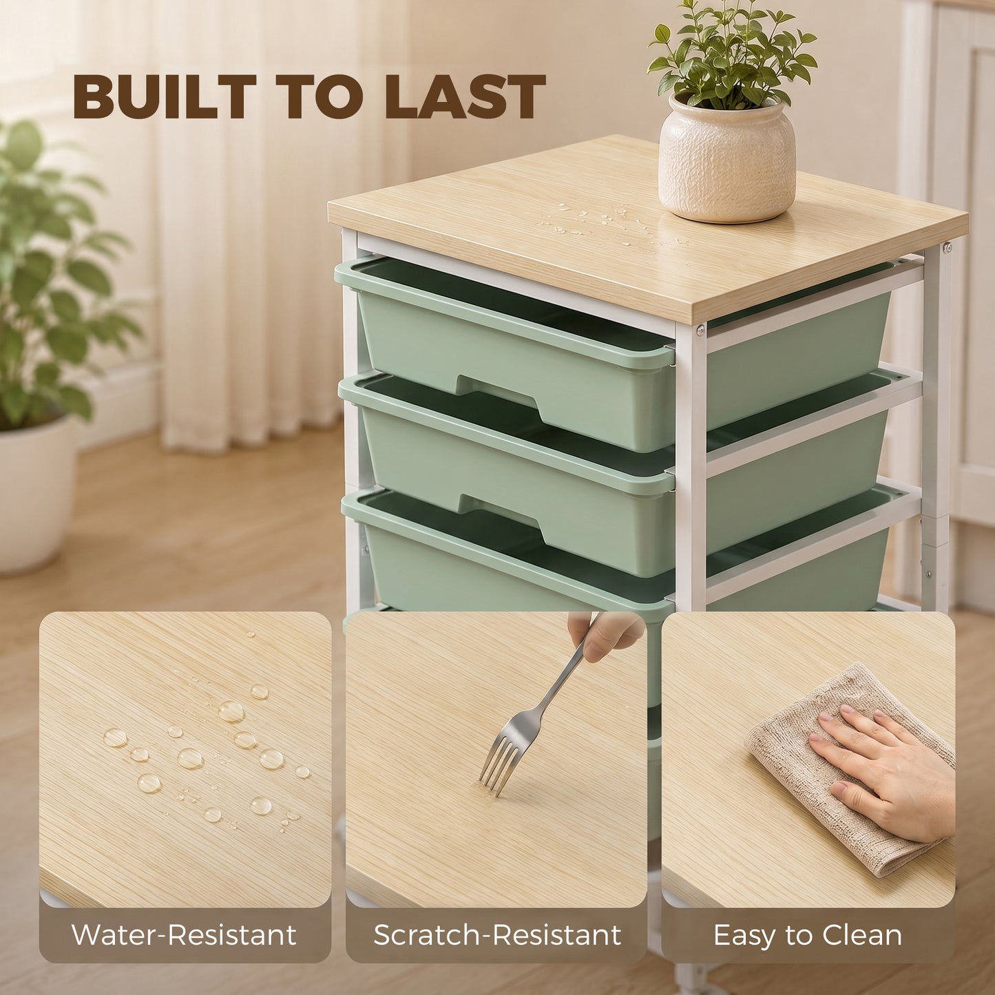 HOMCOM 6-Tier Kitchen Rolling Cart Green With 5 Drawers And Wheels