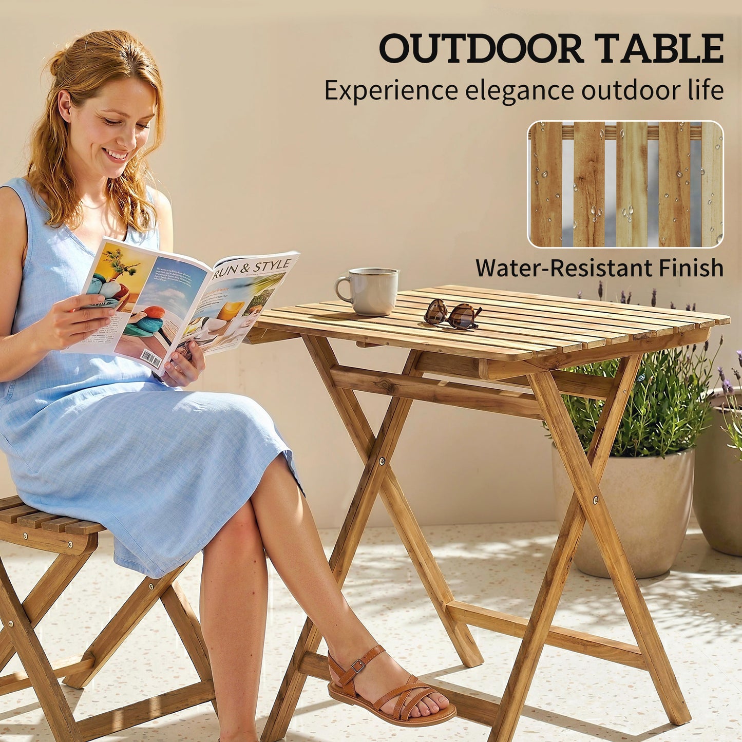Outsunny Outdoor Foldable Acacia Wood Coffee Table For Patio Garden Balcony Natural Wood