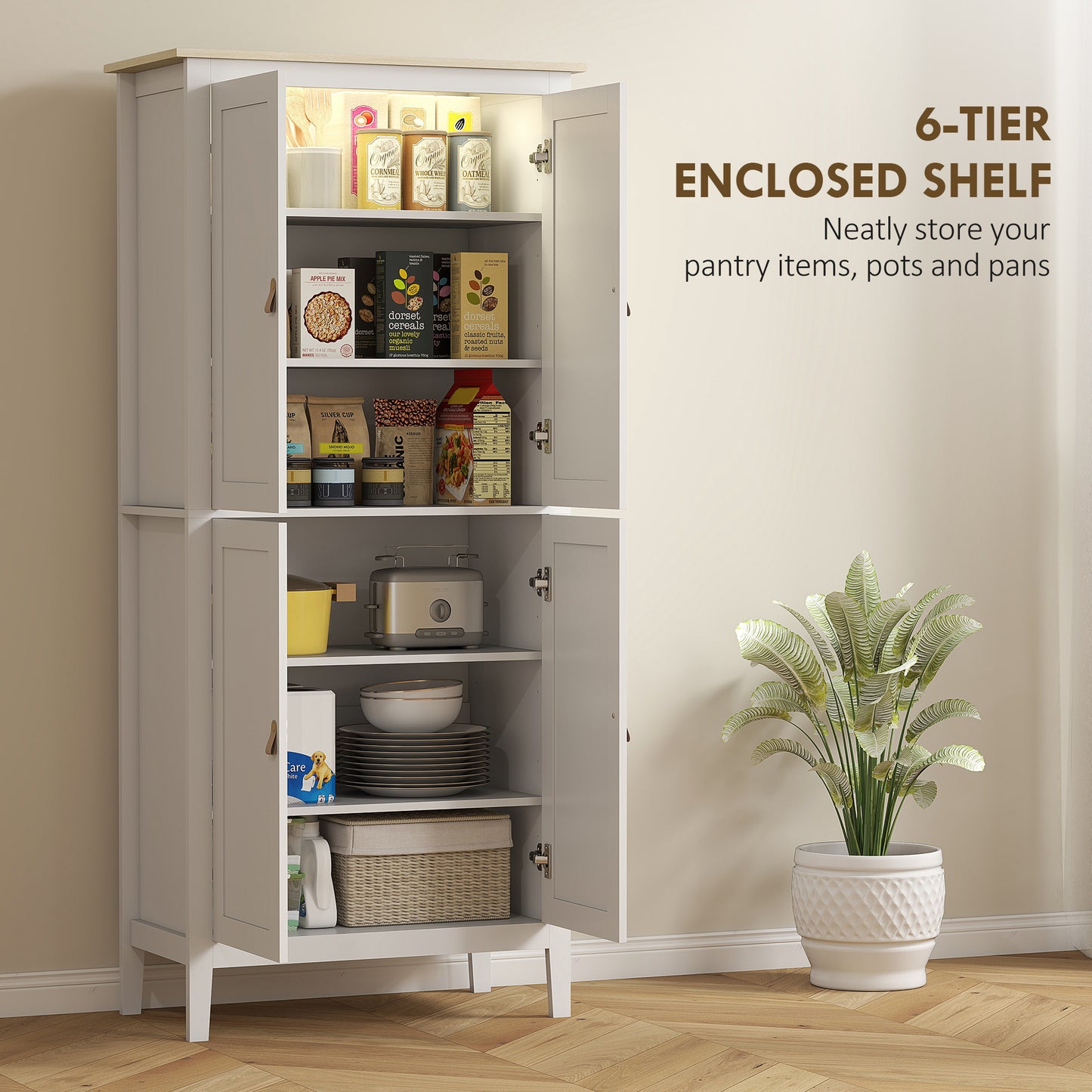 HOMCOM 176.5 cm Tall Pantry Cupboard With Motion Sensor LED Light White For Kitchen Storage