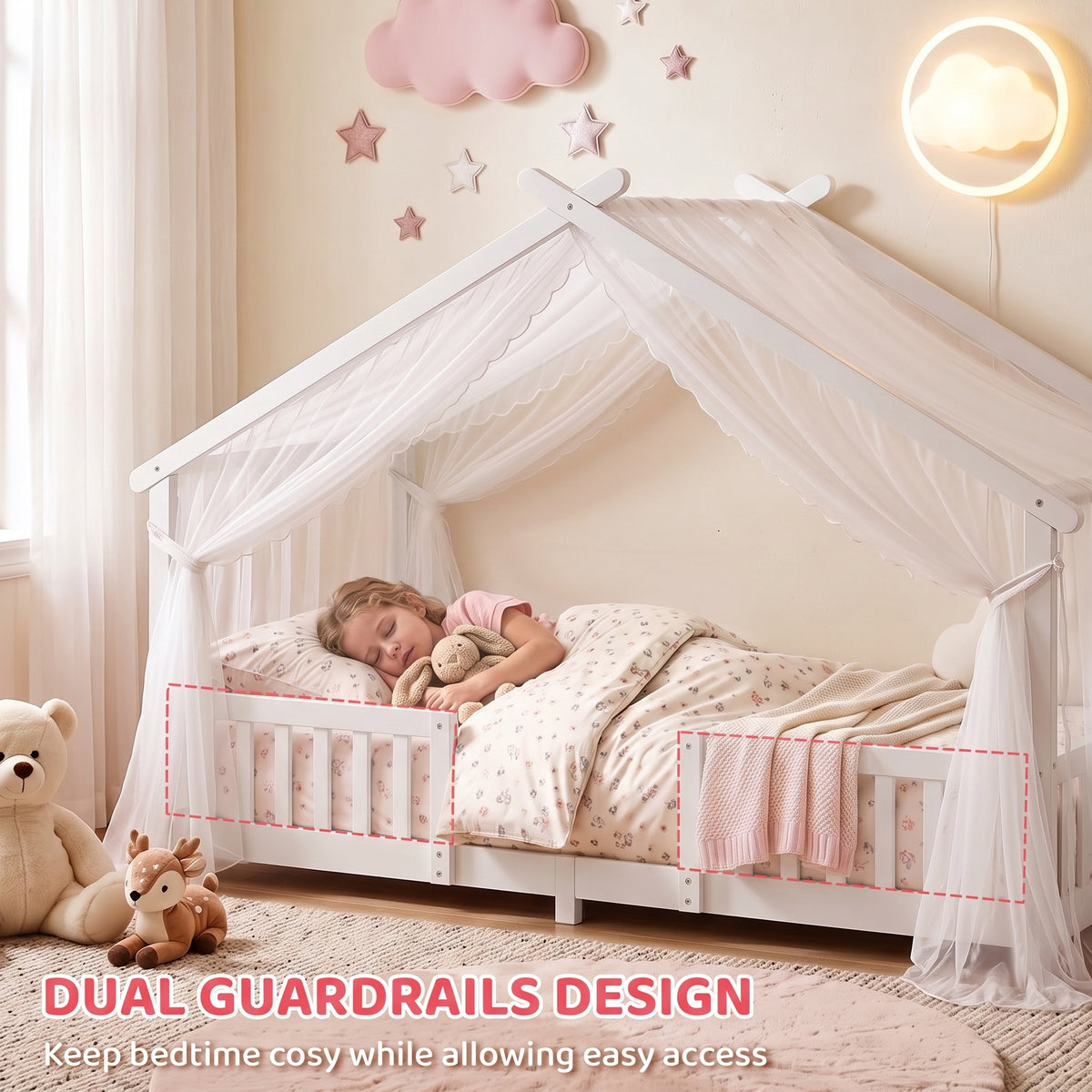 AIYAPLAY Solid Pine Wooden House Bed Frame for Kids with Dual Guardrails White